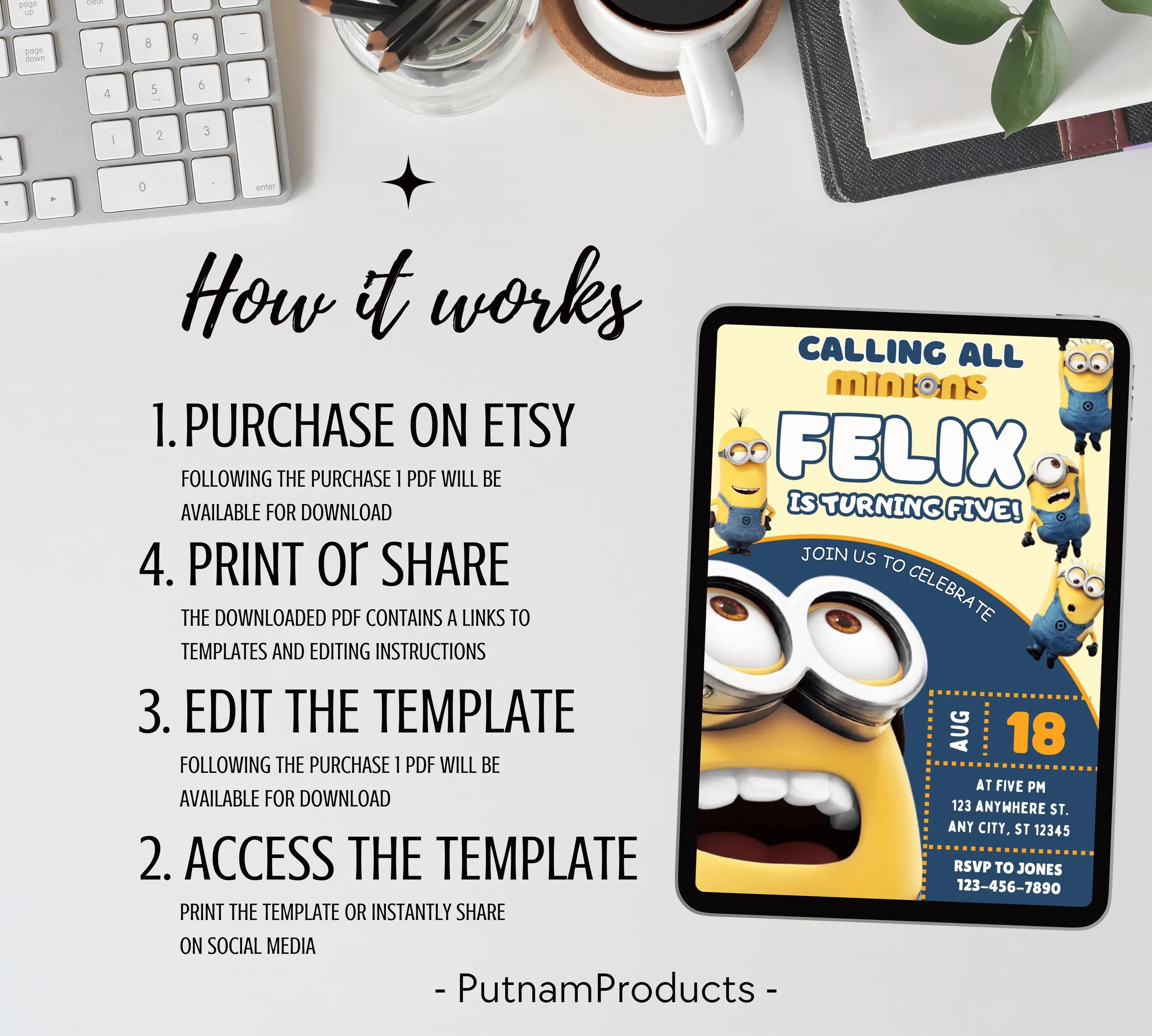 Printable Minion kid birthday party invitation template Boy birthday party invite Minion themed any age Digital Kids Party Invite Template