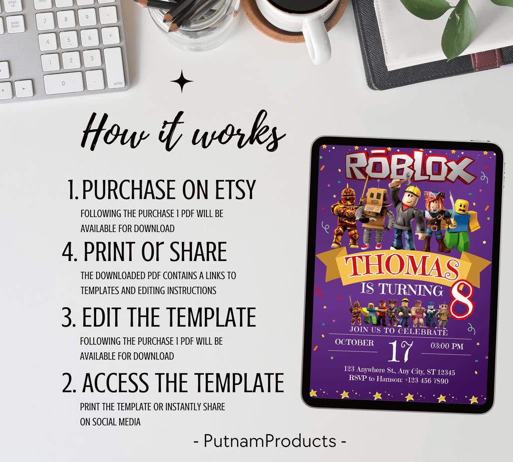 Editable Roblox Invitation Roblox Invite Game Party Roblox Boys Birthday Invitation Template Game Birthday Kid Roblox Roblox Invite Template