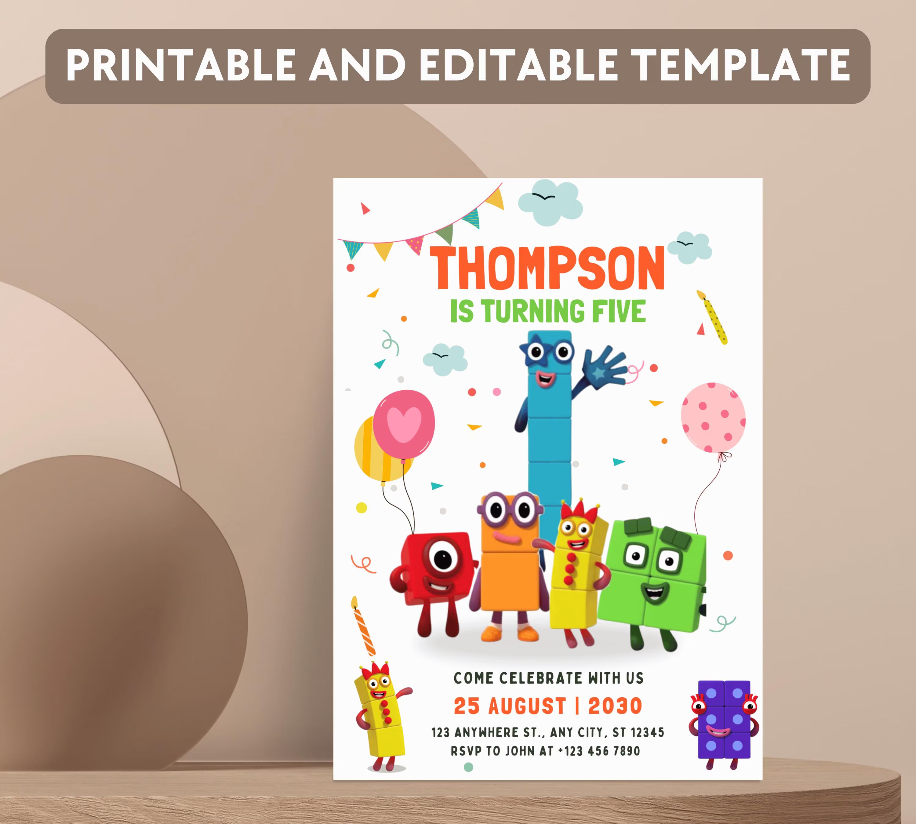 Editable Number blocks, Birthday Invitation, Printable Birthday Party Invite, Digital Kid Party Invite, Number Inspired Birthday Invitation