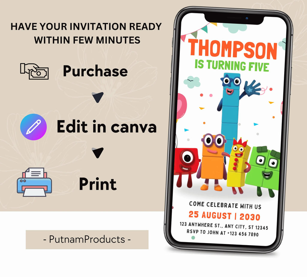 Editable Number blocks, Birthday Invitation, Printable Birthday Party Invite, Digital Kid Party Invite, Number Inspired Birthday Invitation