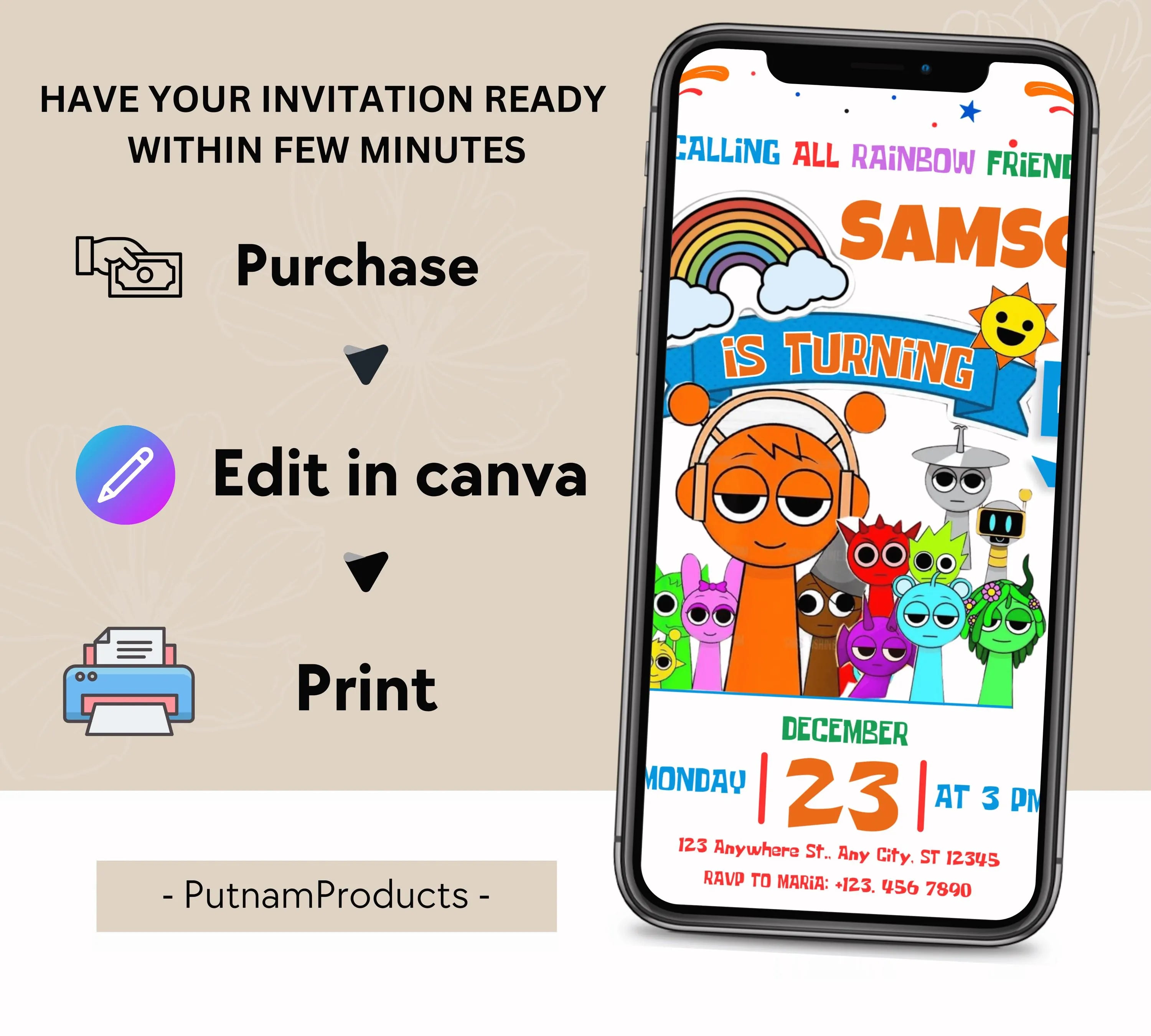 Editable Rainbow Friends Birthday Invitation, Rainbow Birthday Invite Rainbow, Birthday Invite, Rainbow Friends Birthday Invitations