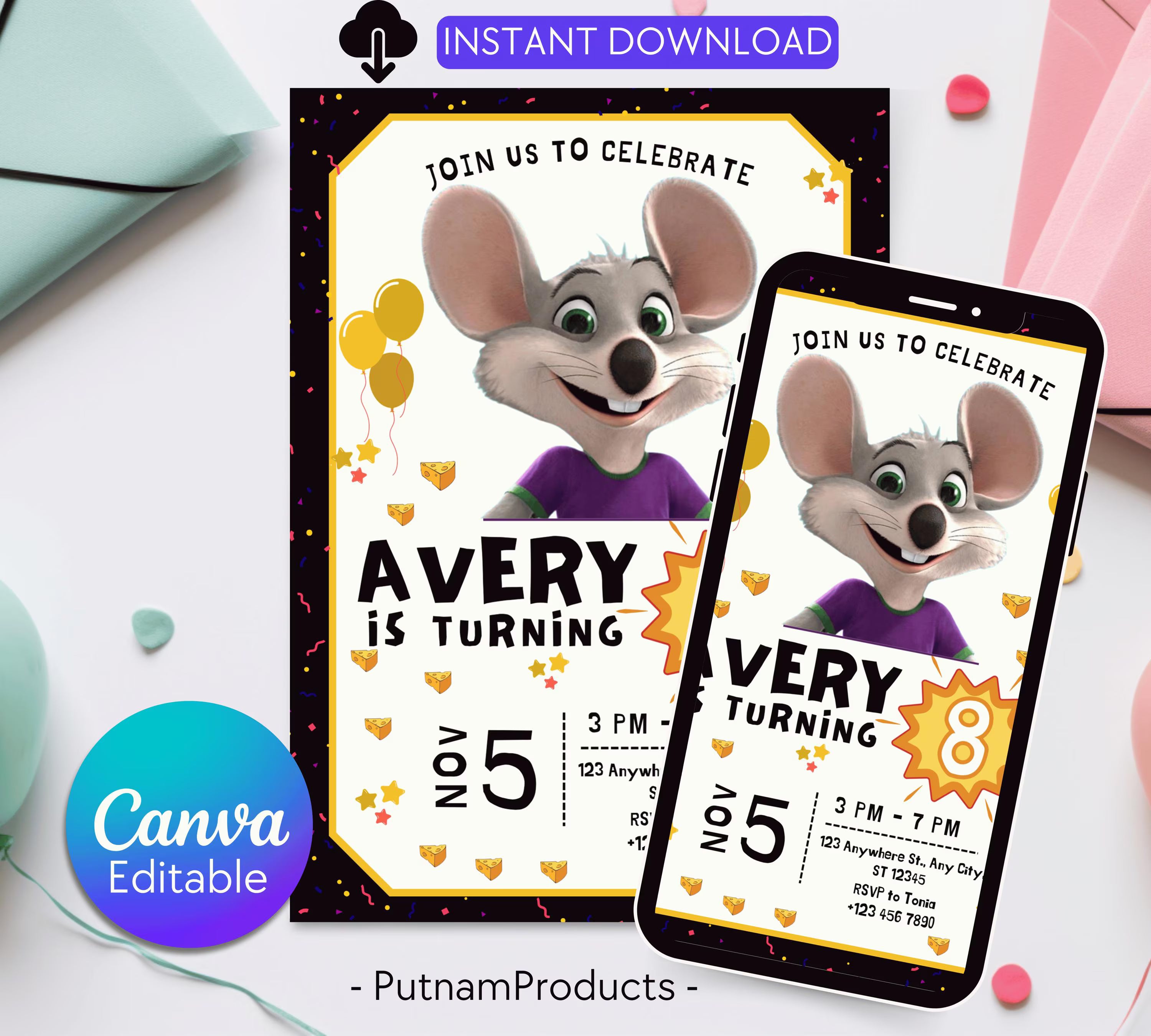 Editable Chuck E Cheese Birthday Invitation Template, Chuck Evite Printable Chuck E Cheese Party Invite, Editable in Canva Invite Template