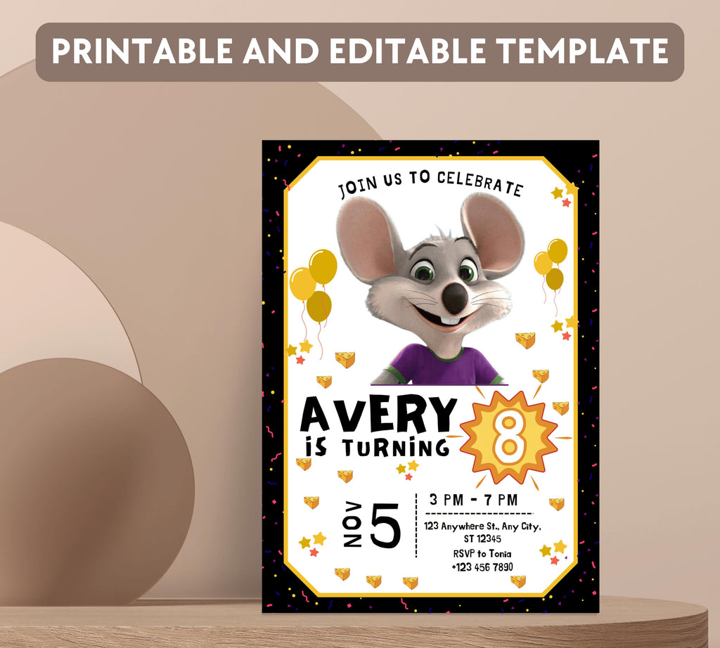 Editable Chuck E Cheese Birthday Invitation Template, Chuck Evite Printable Chuck E Cheese Party Invite, Editable in Canva Invite Template