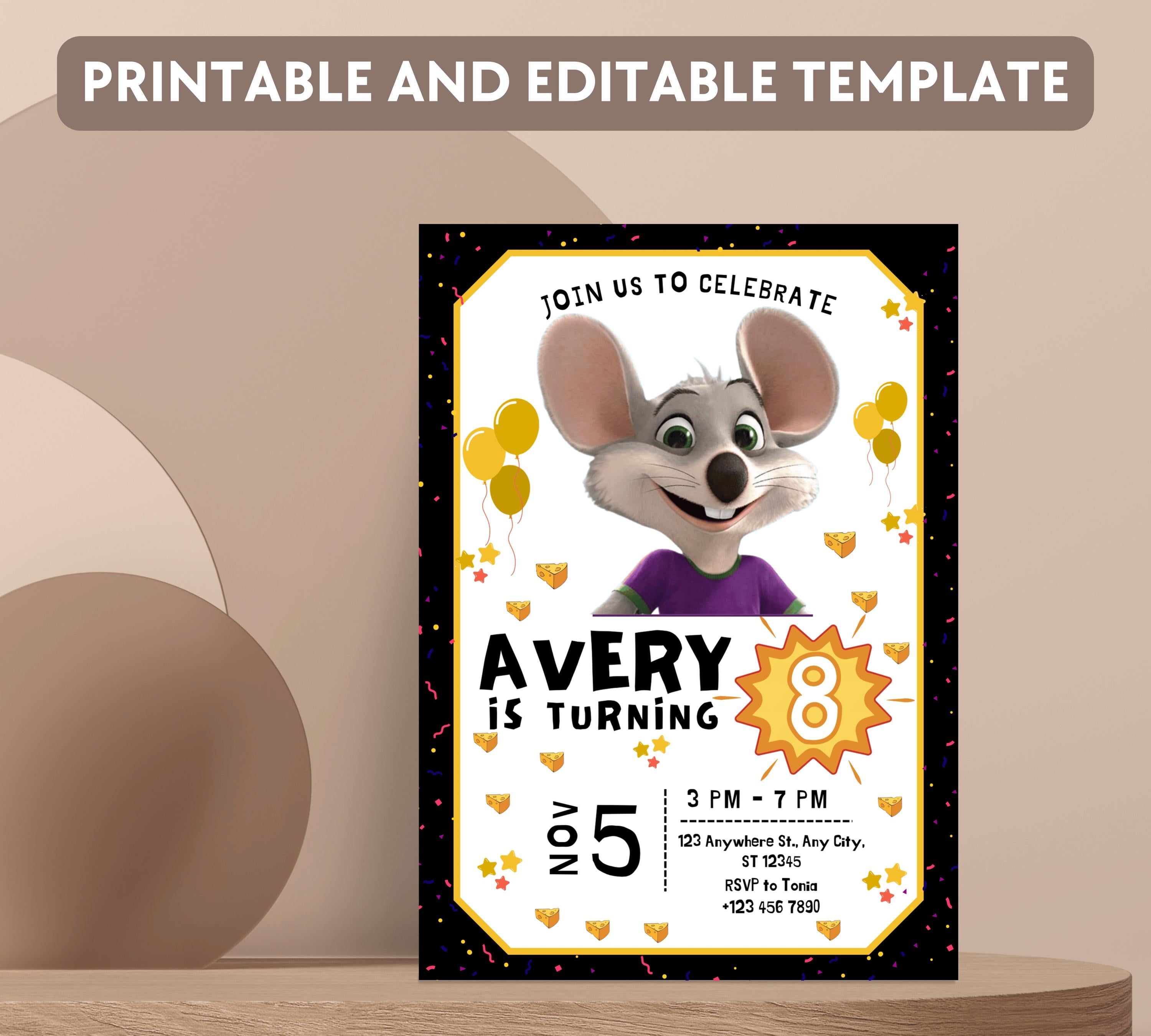 Editable Chuck E Cheese Birthday Invitation Template, Chuck Evite Printable Chuck E Cheese Party Invite, Editable in Canva Invite Template