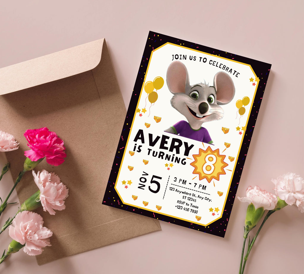 Editable Chuck E Cheese Birthday Invitation Template, Chuck Evite Printable Chuck E Cheese Party Invite, Editable in Canva Invite Template