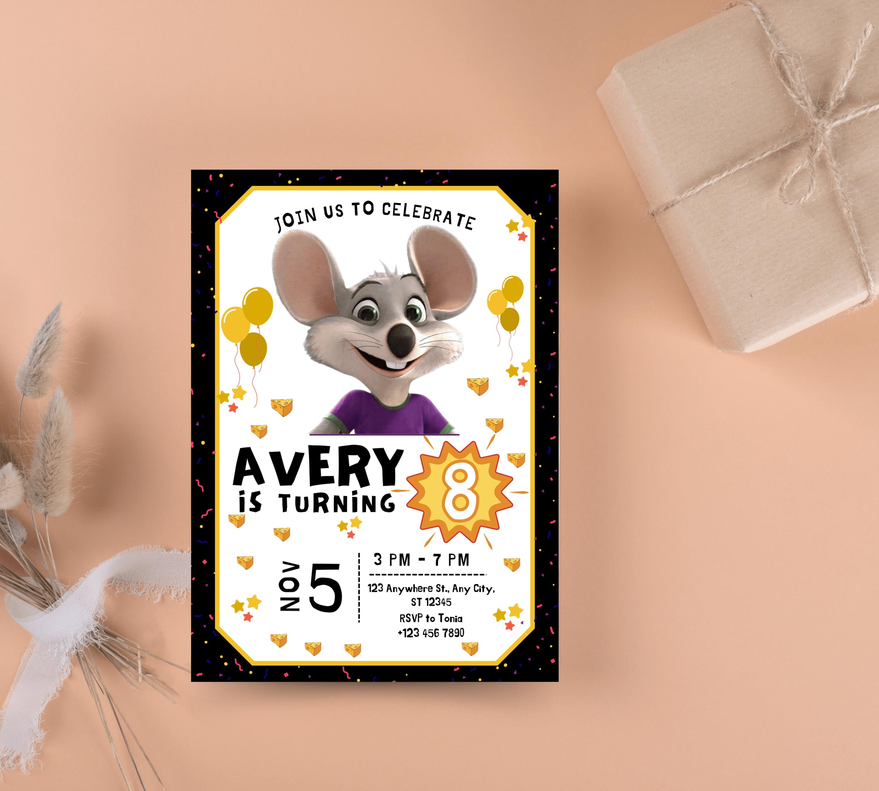 Editable Chuck E Cheese Birthday Invitation Template, Chuck Evite Printable Chuck E Cheese Party Invite, Editable in Canva Invite Template