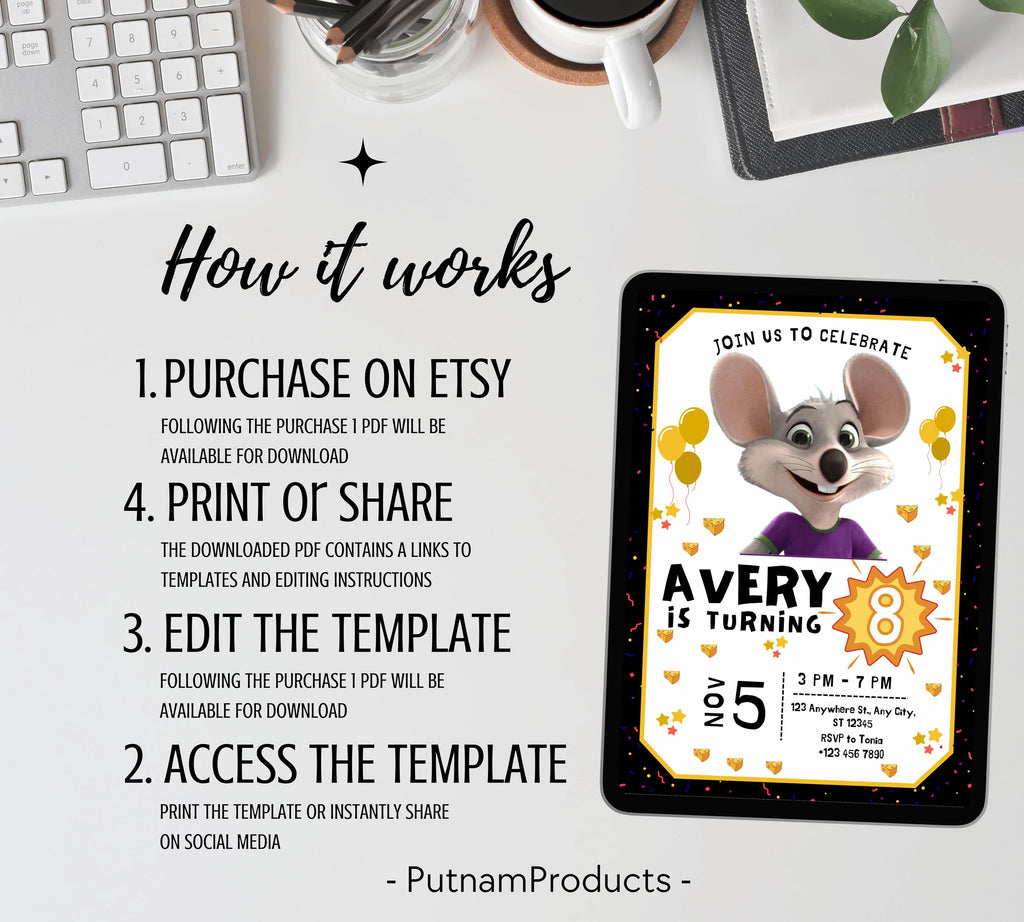 Editable Chuck E Cheese Birthday Invitation Template, Chuck Evite Printable Chuck E Cheese Party Invite, Editable in Canva Invite Template