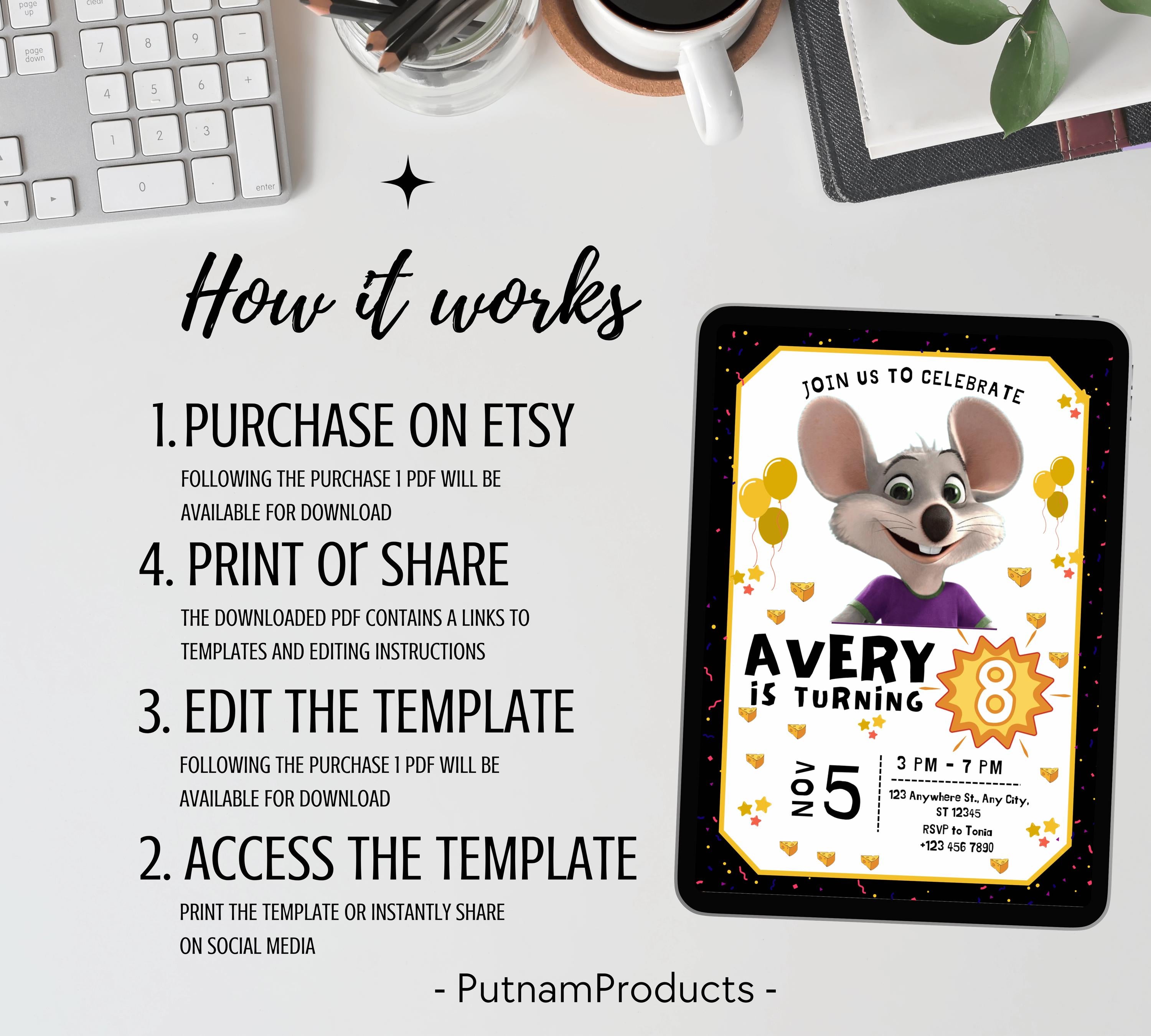 Editable Chuck E Cheese Birthday Invitation Template, Chuck Evite Printable Chuck E Cheese Party Invite, Editable in Canva Invite Template