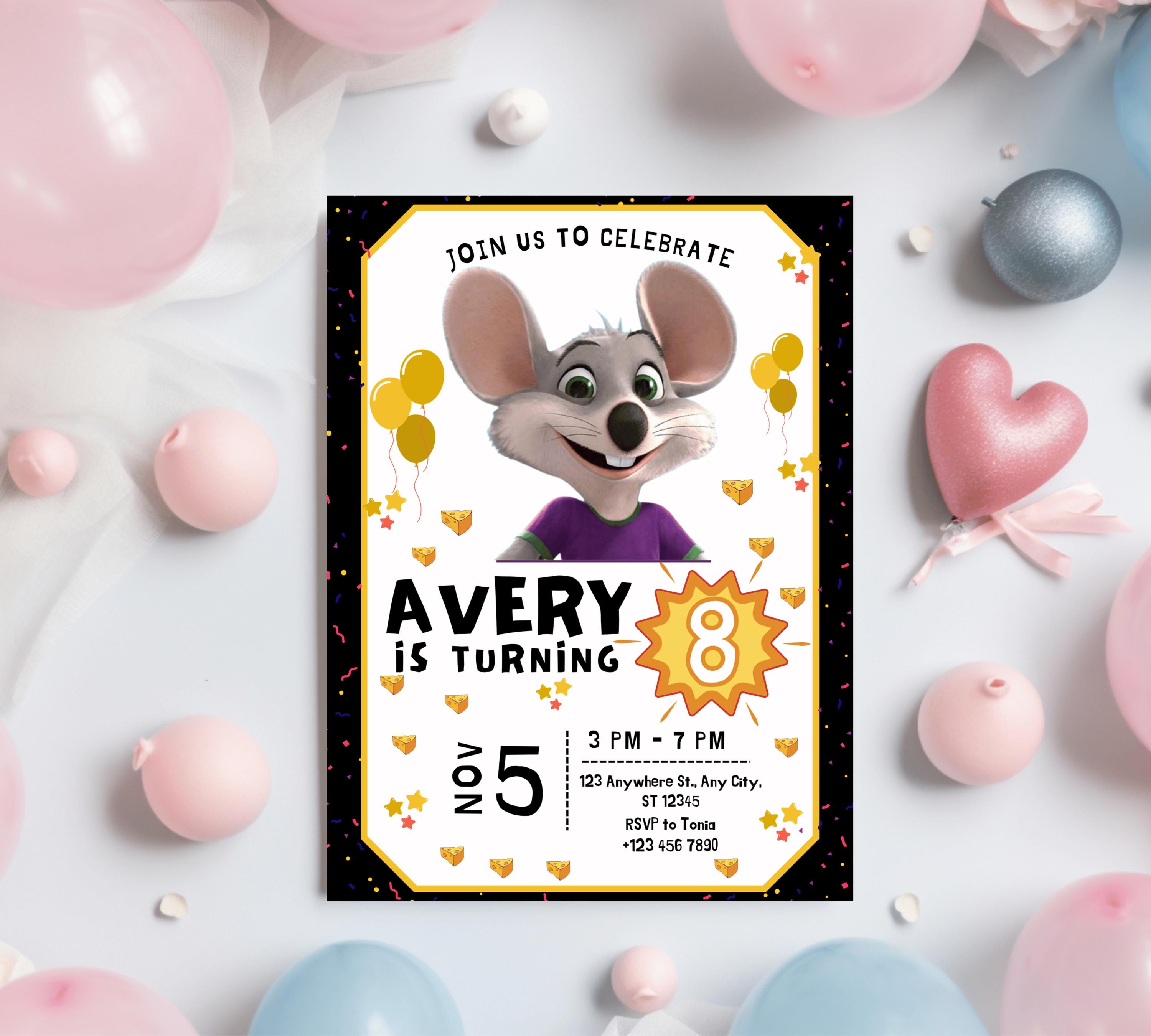 Editable Chuck E Cheese Birthday Invitation Template, Chuck Evite Printable Chuck E Cheese Party Invite, Editable in Canva Invite Template