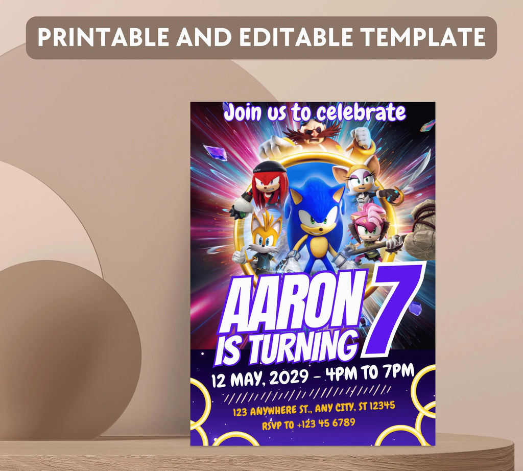 Editable Sonic Birthday Invitation | Editable and Printable | Awesome Sonic Party Invite |  Invitations Editable in Canva | Boys Girls Evite