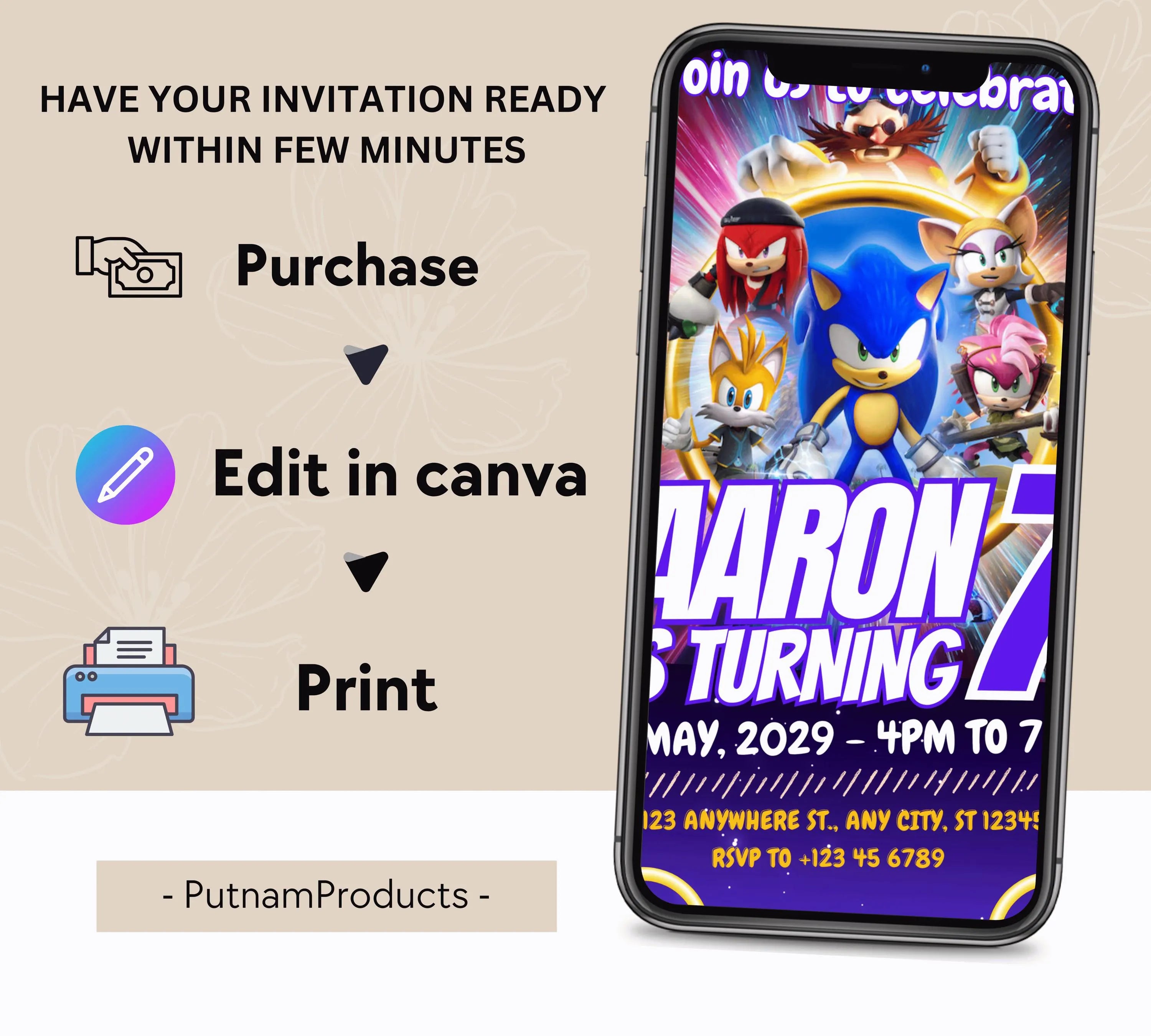 Editable Sonic Birthday Invitation | Editable and Printable | Awesome Sonic Party Invite |  Invitations Editable in Canva | Boys Girls Evite