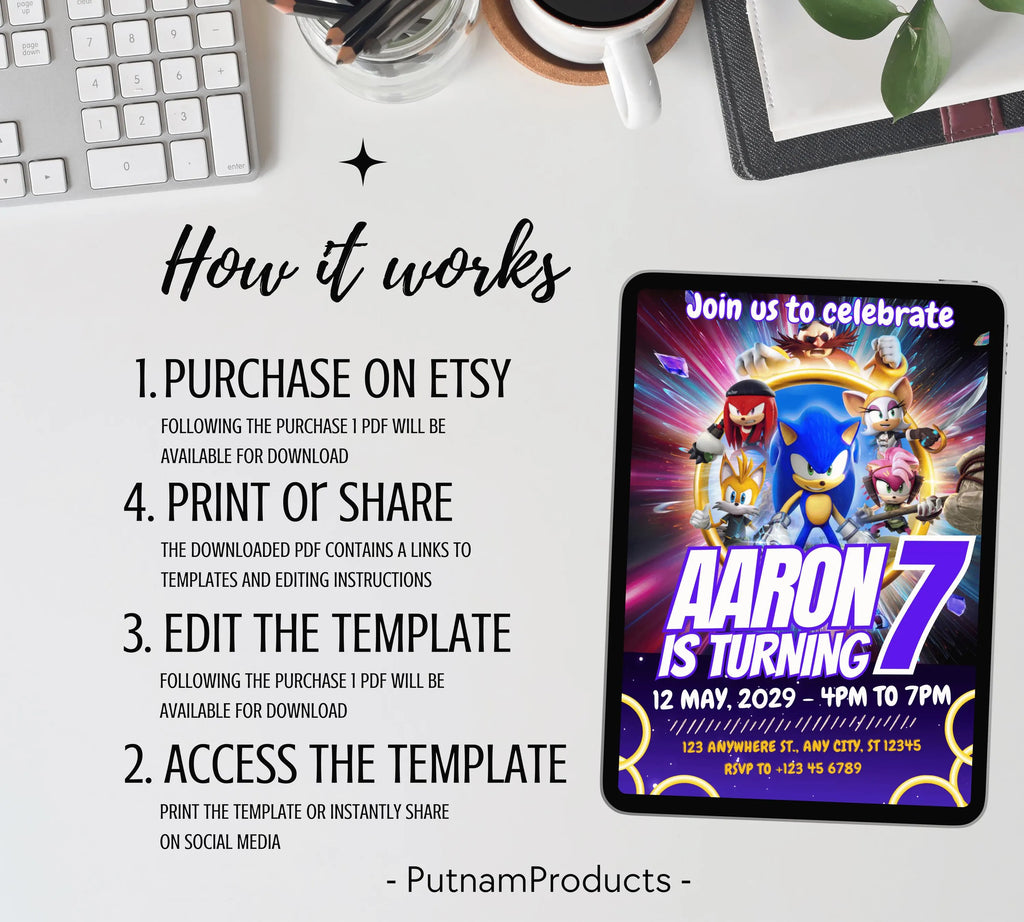 Editable Sonic Birthday Invitation | Editable and Printable | Awesome Sonic Party Invite |  Invitations Editable in Canva | Boys Girls Evite