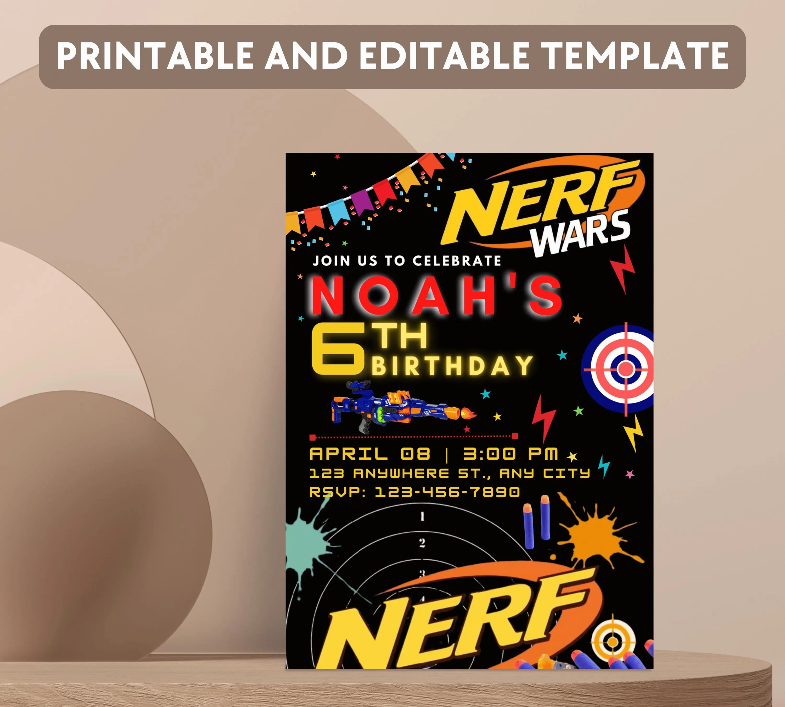 Printable birthday invite, Nerf Kid party, Neon dart birthday invitation, editable nerf invite template Kid boy birthday invitation Template
