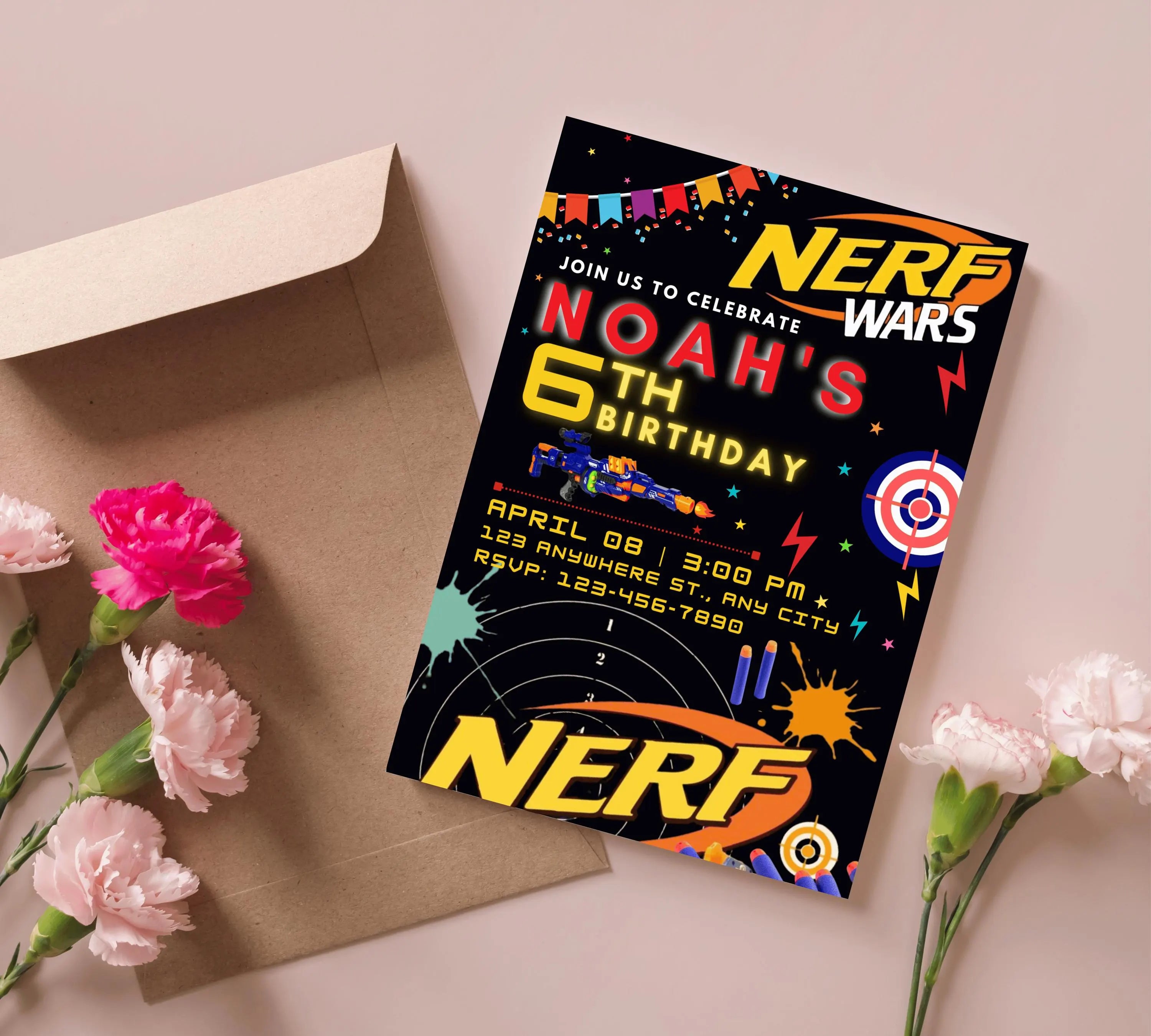 Printable birthday invite, Nerf Kid party, Neon dart birthday invitation, editable nerf invite template Kid boy birthday invitation Template
