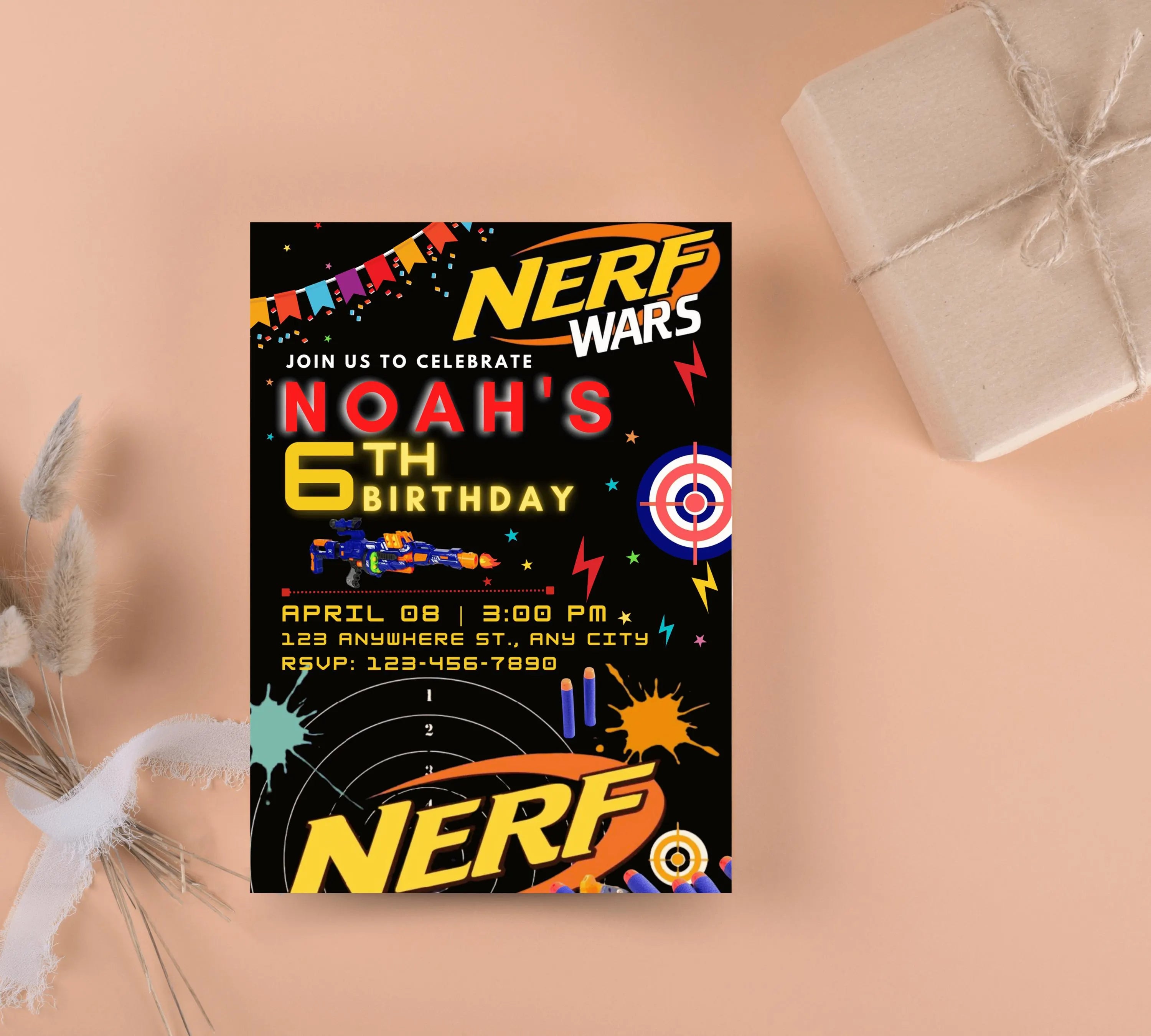 Printable birthday invite, Nerf Kid party, Neon dart birthday invitation, editable nerf invite template Kid boy birthday invitation Template