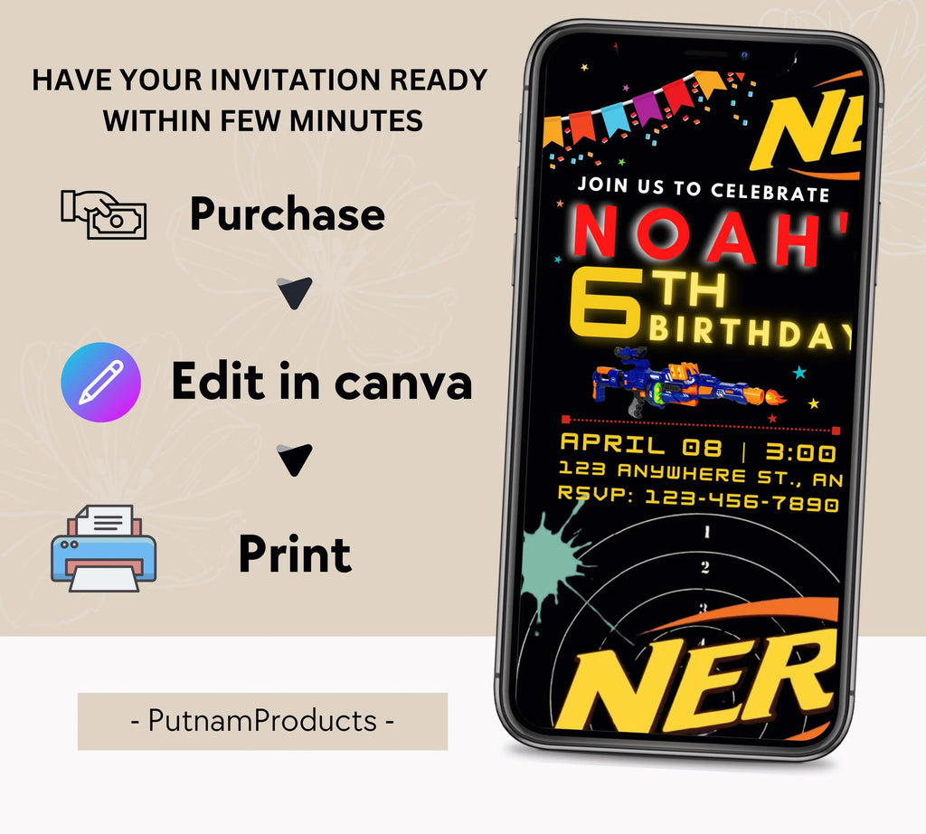 Printable birthday invite, Nerf Kid party, Neon dart birthday invitation, editable nerf invite template Kid boy birthday invitation Template