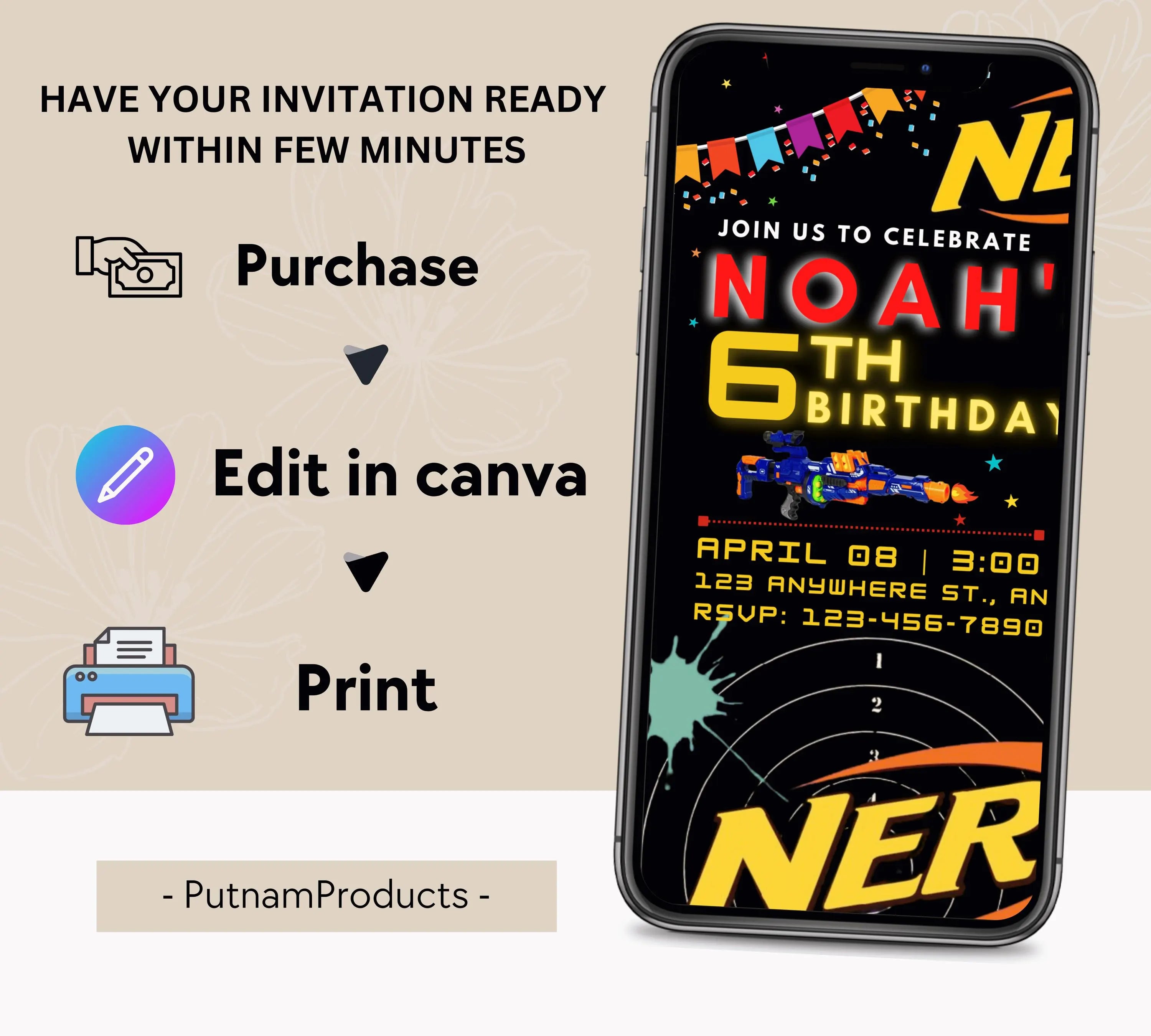 Printable birthday invite, Nerf Kid party, Neon dart birthday invitation, editable nerf invite template Kid boy birthday invitation Template