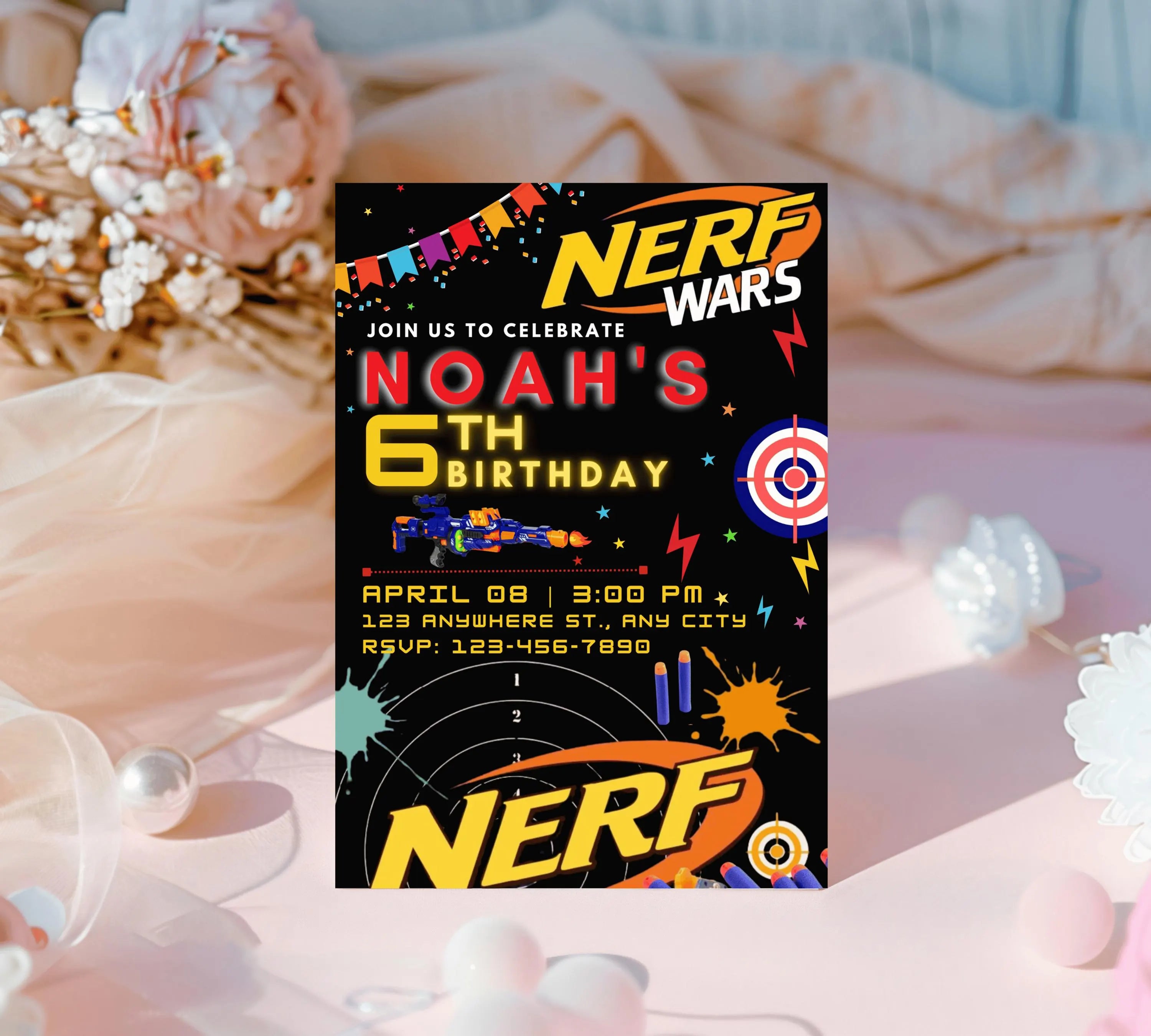 Printable birthday invite, Nerf Kid party, Neon dart birthday invitation, editable nerf invite template Kid boy birthday invitation Template