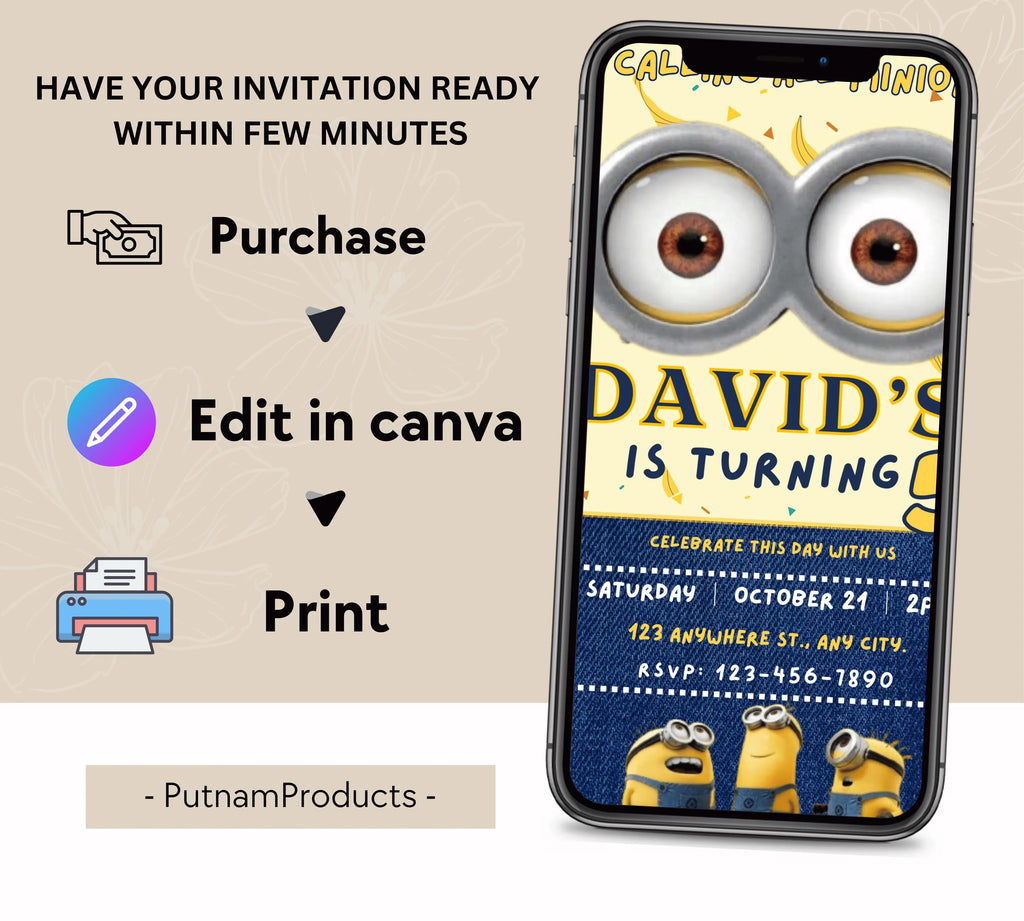 Editable Minion Birthday Invitation Template, Printable Birthday Party Invitations, invite Bday Card, Printable Minion kid birthday party