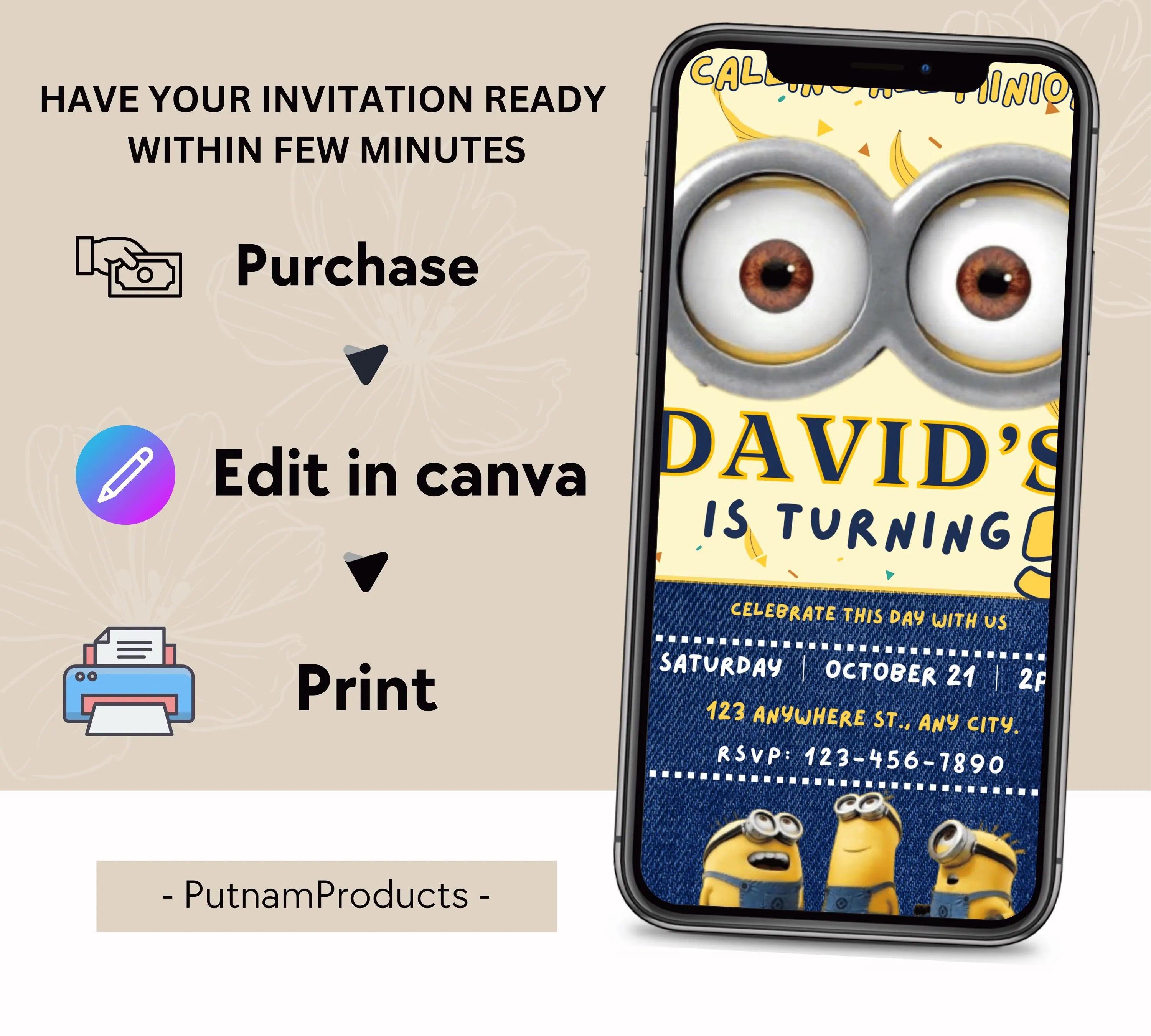 Editable Minion Birthday Invitation Template, Printable Birthday Party Invitations, invite Bday Card, Printable Minion kid birthday party