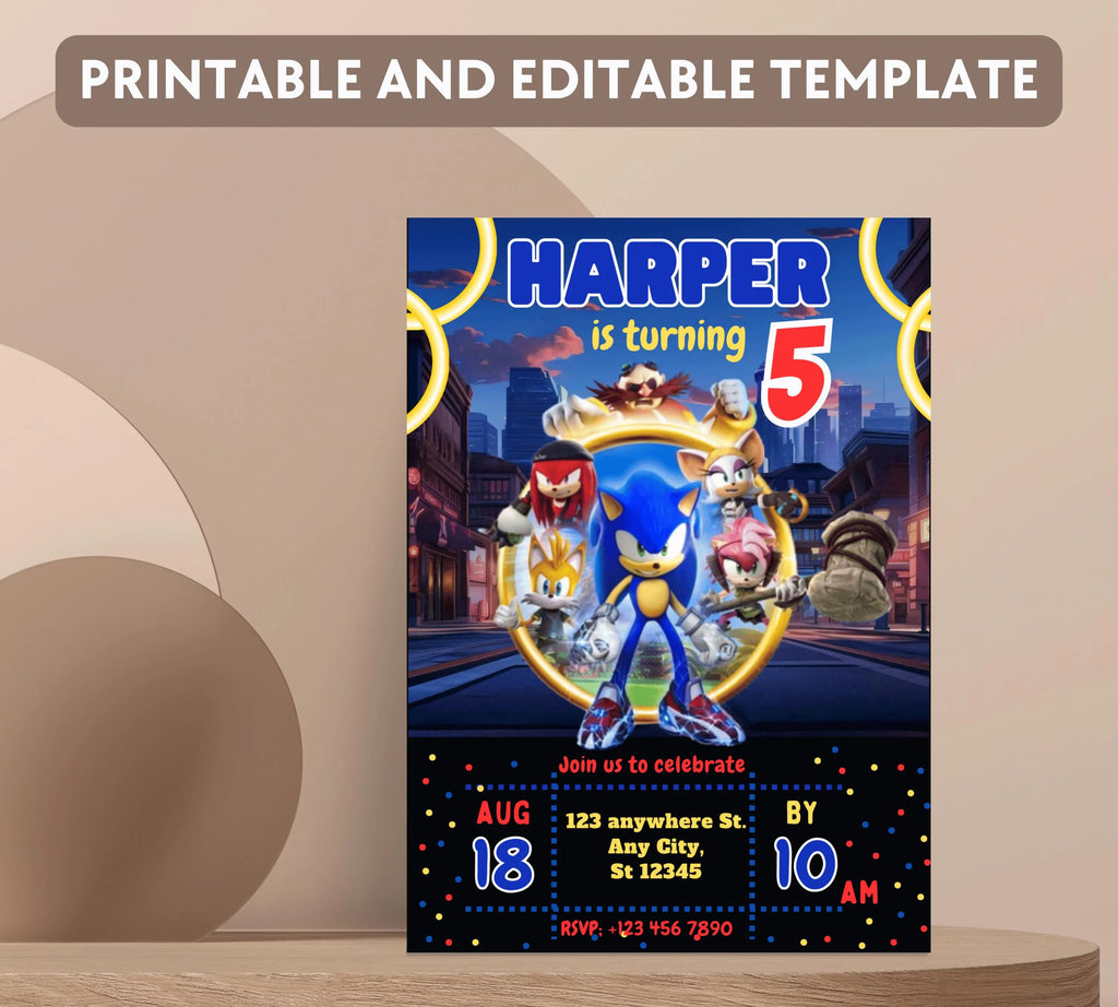 Editable Sonic Birthday Invitation, Super Hedgehog Boys Party Invite, Super Sonic Birthday Invitation, Awesome! Sonic The Hedgehog Party