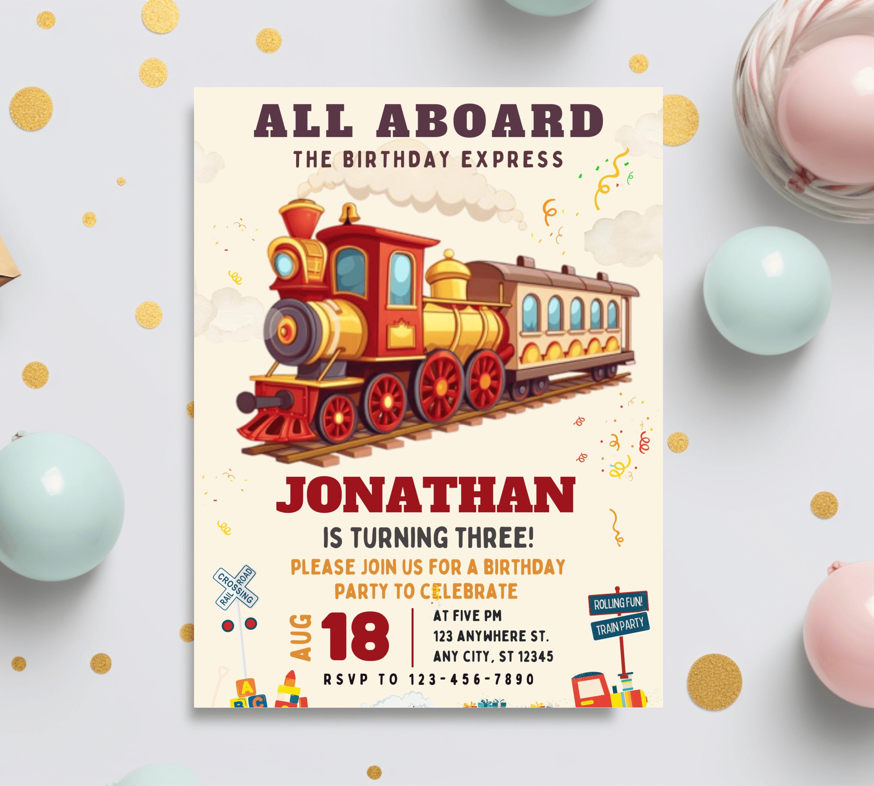 Editable Train Birthday Party Invitation for kids, Train Birthday Invite, Modern Train Invitation, Train Birthday Party Invitation Digital