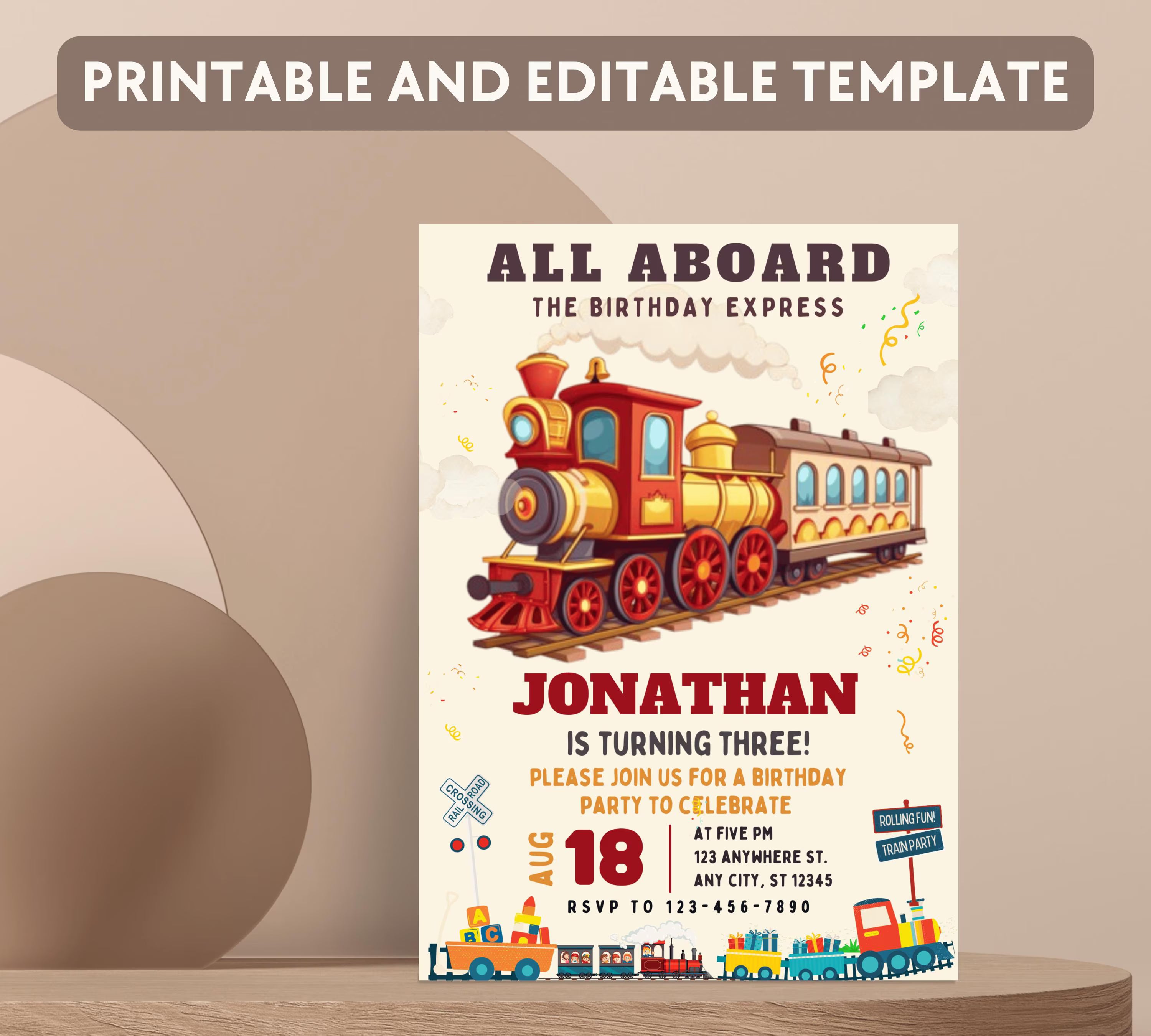 Editable Train Birthday Party Invitation for kids, Train Birthday Invite, Modern Train Invitation, Train Birthday Party Invitation Digital