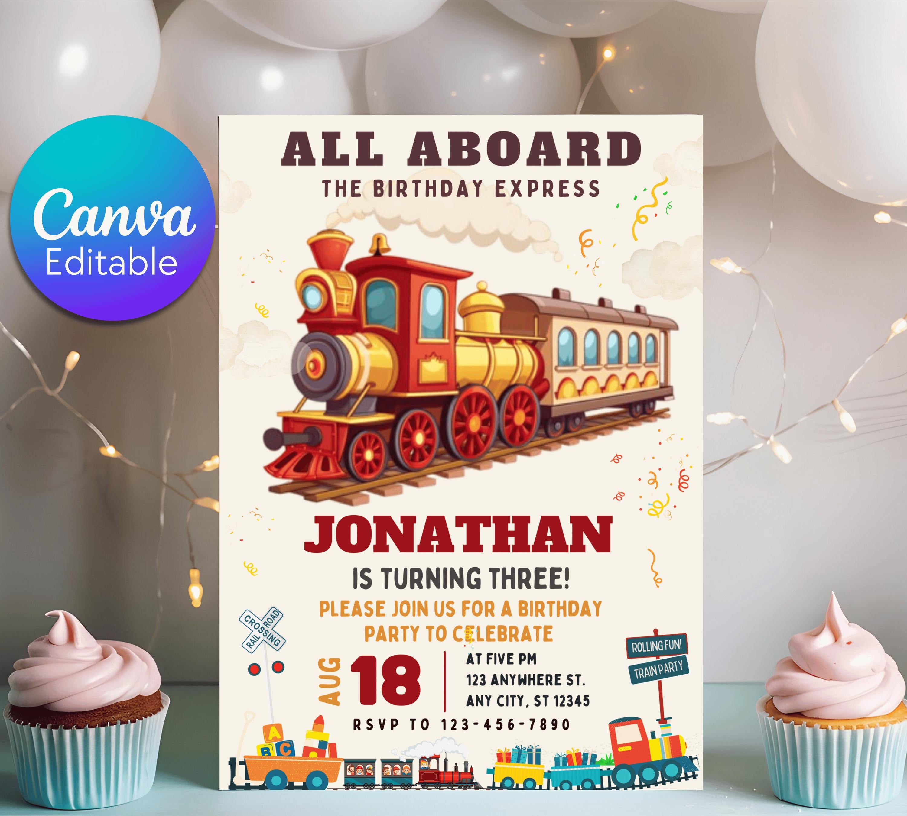 Editable Train Birthday Party Invitation for kids, Train Birthday Invite, Modern Train Invitation, Train Birthday Party Invitation Digital