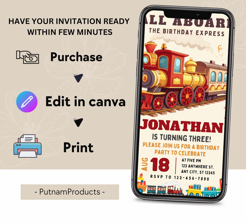 Editable Train Birthday Party Invitation for kids, Train Birthday Invite, Modern Train Invitation, Train Birthday Party Invitation Digital