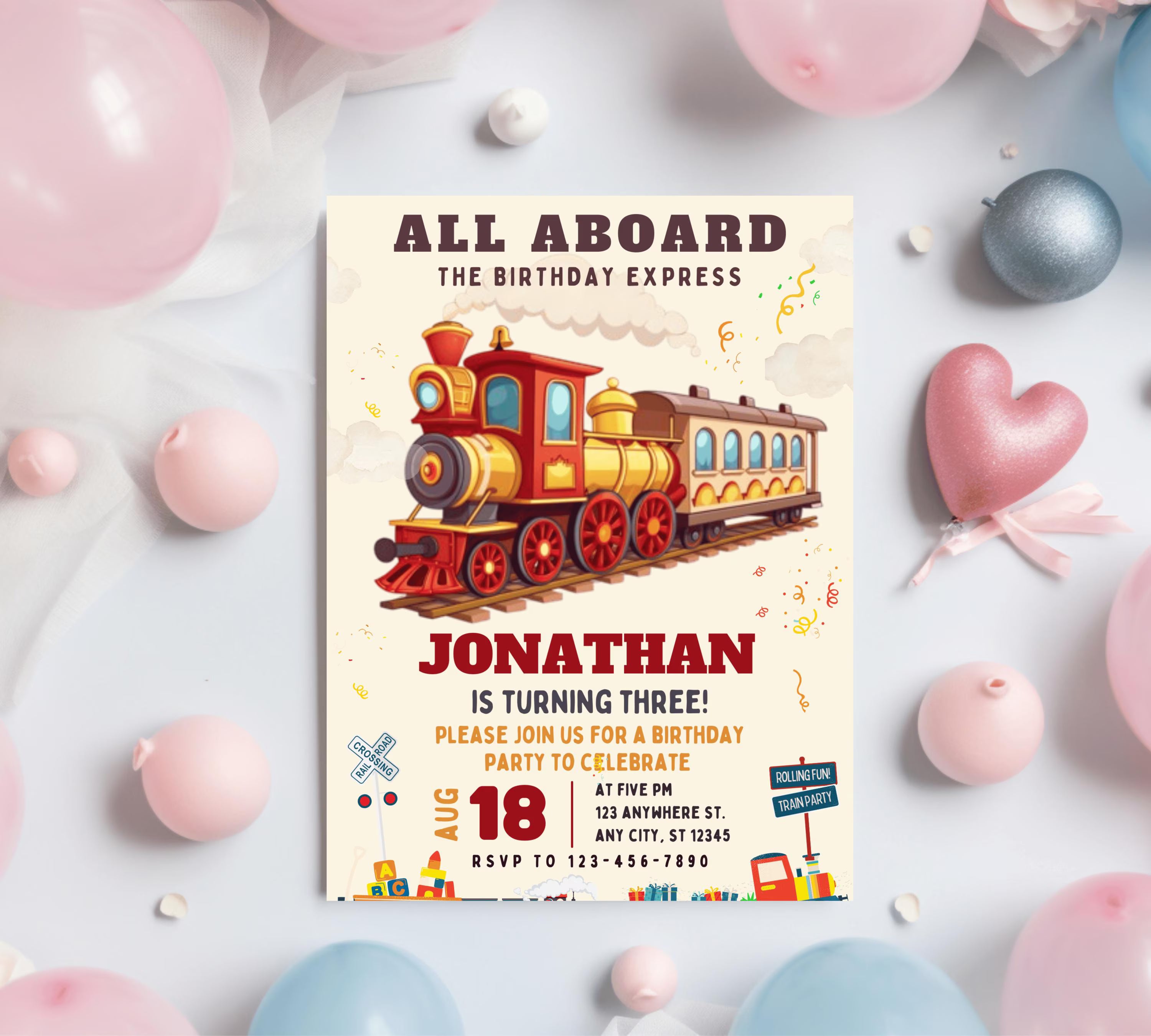 Editable Train Birthday Party Invitation for kids, Train Birthday Invite, Modern Train Invitation, Train Birthday Party Invitation Digital