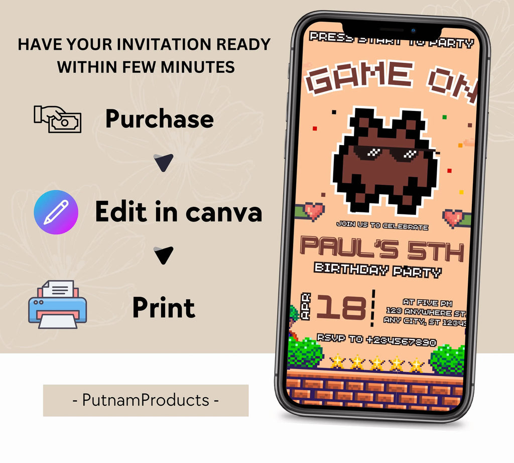 Editable Rcade Game On birthday party invitation, Editable with Canva, Printable Game on video game arcade party Video Game Party Invitation