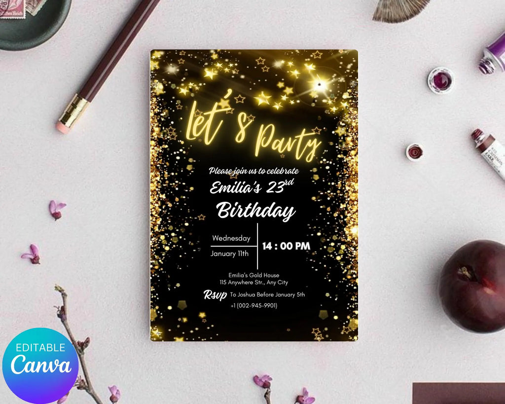 Neon Gold Light Digital Party e-invite| Golden Party Invitation Black Neon Gold e-Invite| Neon Golden Birthday Invitation| Editable Template