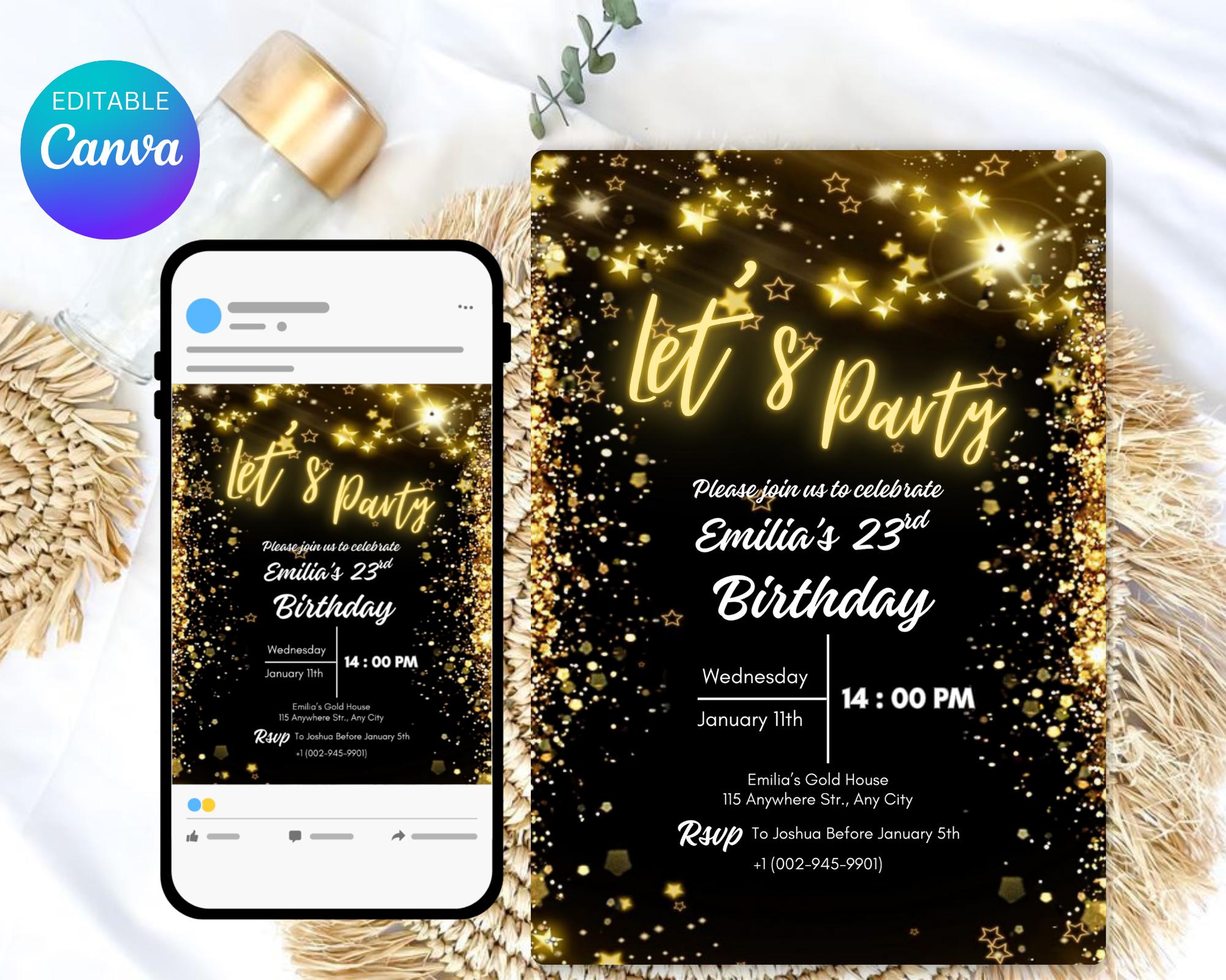 Neon Gold Light Digital Party e-invite| Golden Party Invitation Black Neon Gold e-Invite| Neon Golden Birthday Invitation| Editable Template