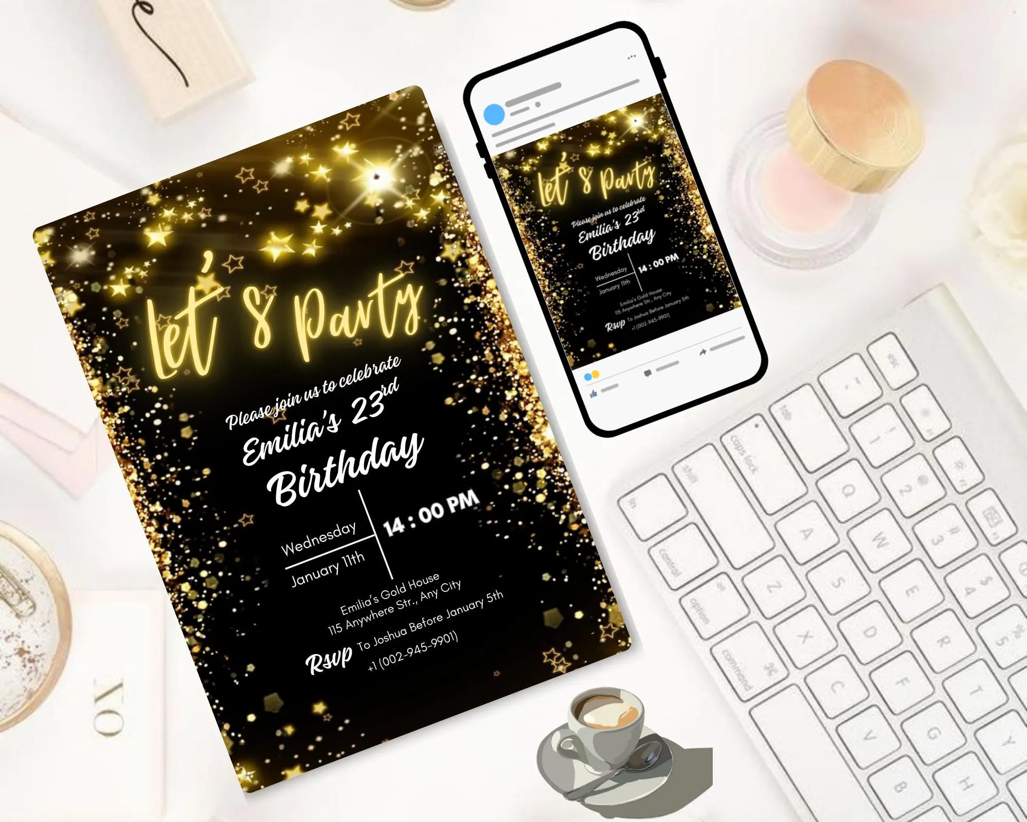 Neon Gold Light Digital Party e-invite| Golden Party Invitation Black Neon Gold e-Invite| Neon Golden Birthday Invitation| Editable Template