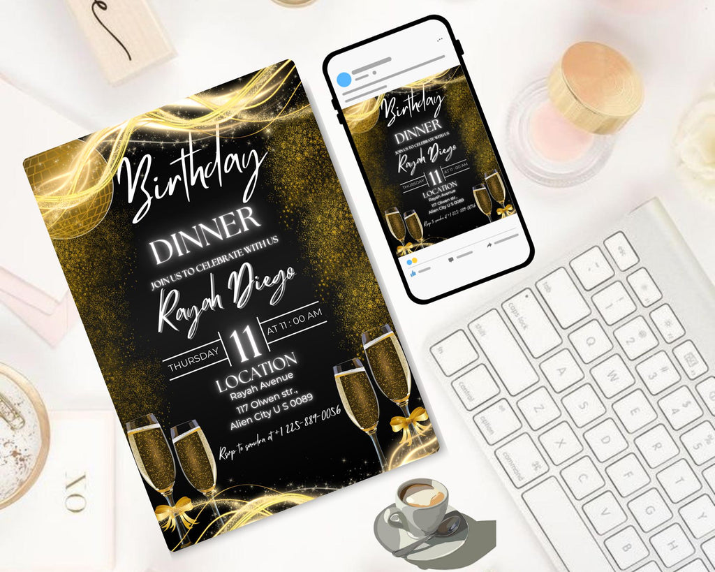 Digital Birthday Dinner Invitation| Black Tie Glam Invite| Black Gold Disco Invite For Men & Women| Black Dinner Invite| Editable Template