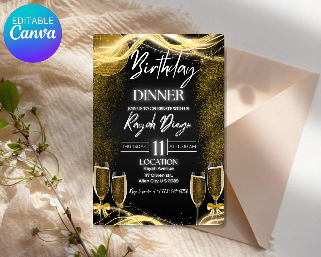 Digital Birthday Dinner Invitation| Black Tie Glam Invite| Black Gold Disco Invite For Men & Women| Black Dinner Invite| Editable Template