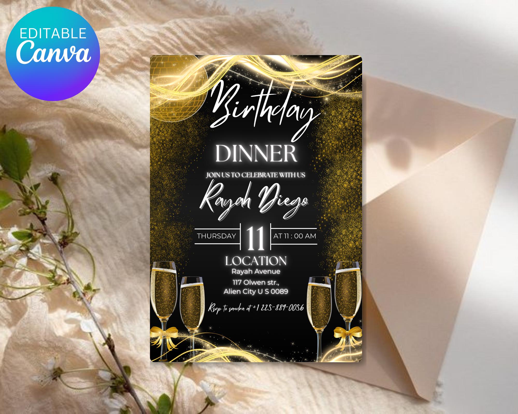 Digital Birthday Dinner Invitation| Black Tie Glam Invite| Black Gold Disco Invite For Men & Women| Black Dinner Invite| Editable Template