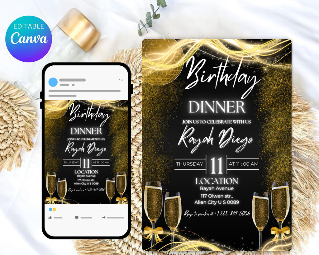 Digital Birthday Dinner Invitation| Black Tie Glam Invite| Black Gold Disco Invite For Men & Women| Black Dinner Invite| Editable Template