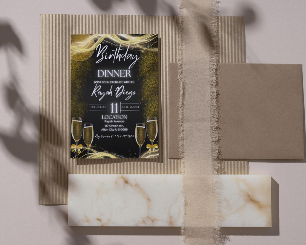 Digital Birthday Dinner Invitation| Black Tie Glam Invite| Black Gold Disco Invite For Men & Women| Black Dinner Invite| Editable Template