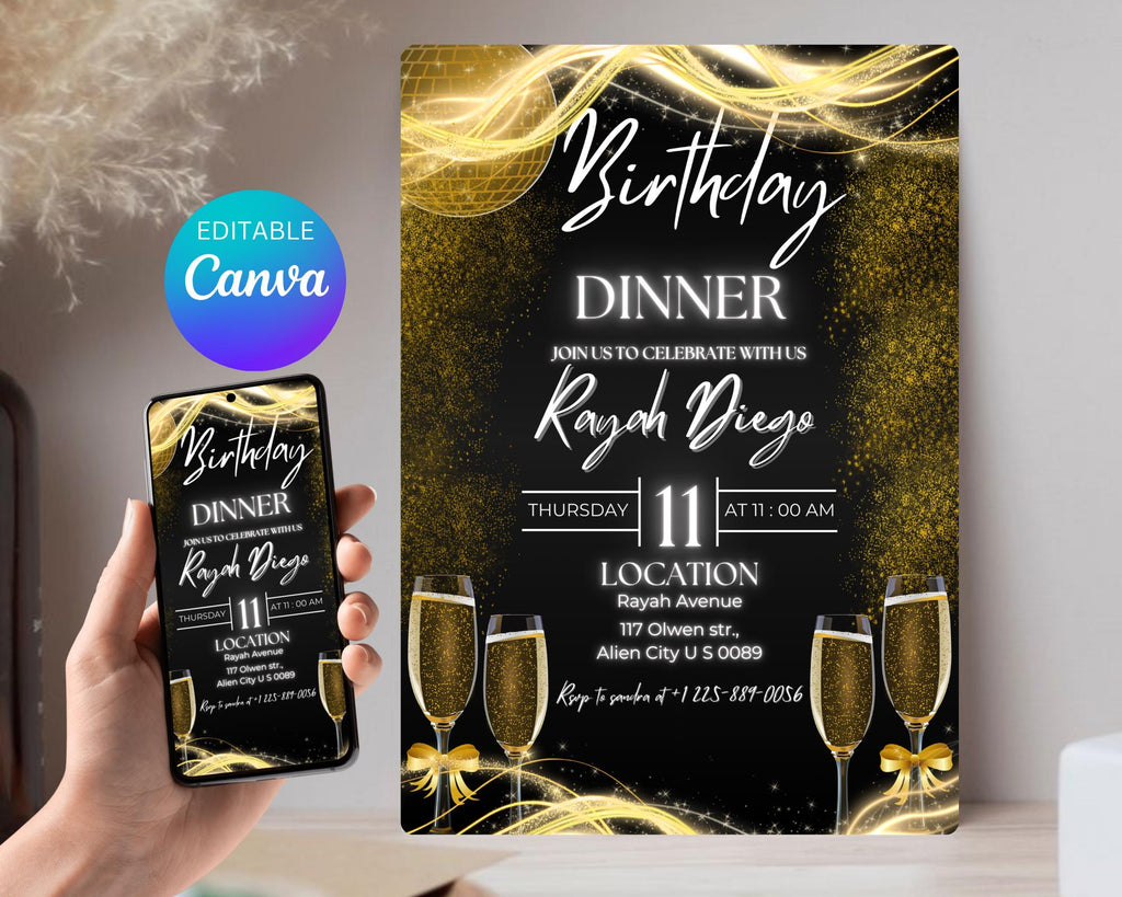 Digital Birthday Dinner Invitation| Black Tie Glam Invite| Black Gold Disco Invite For Men & Women| Black Dinner Invite| Editable Template