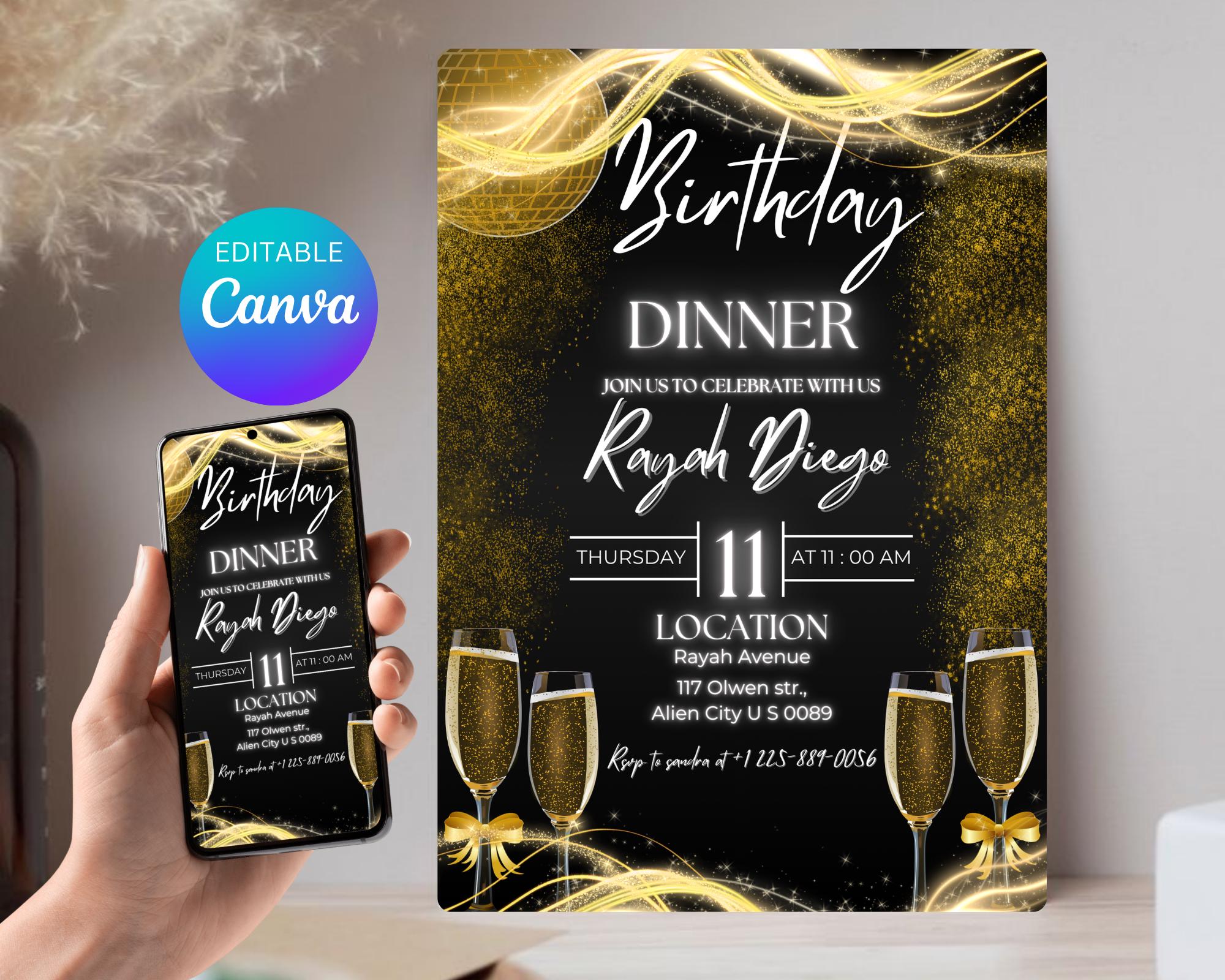 Digital Birthday Dinner Invitation| Black Tie Glam Invite| Black Gold Disco Invite For Men & Women| Black Dinner Invite| Editable Template