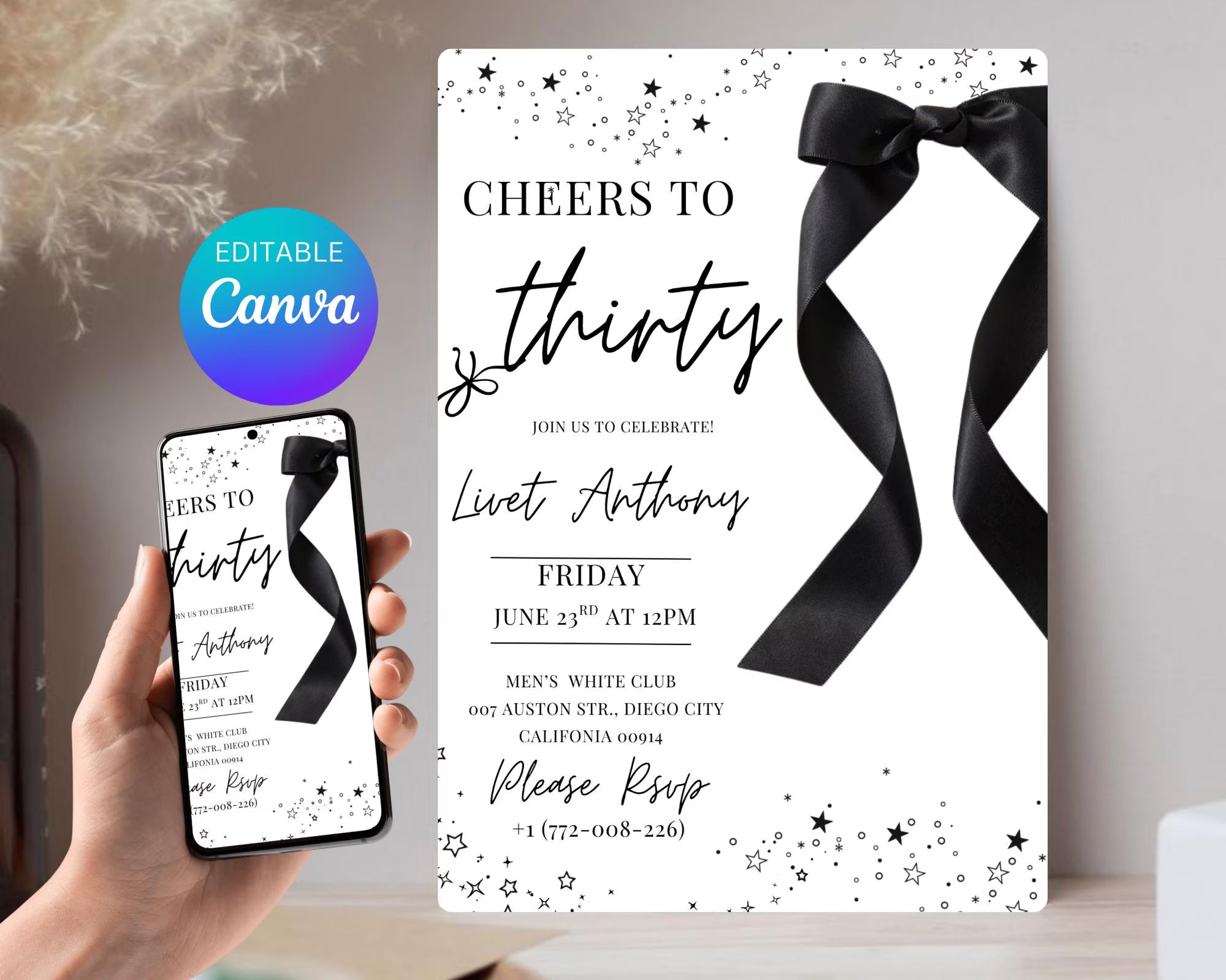 Coquette Black Bow 30th Invitation| Black Bow Birthday Invitation|  Minimalist Black Bow Birthday Invite| Adult Bow Evite| Editable Template