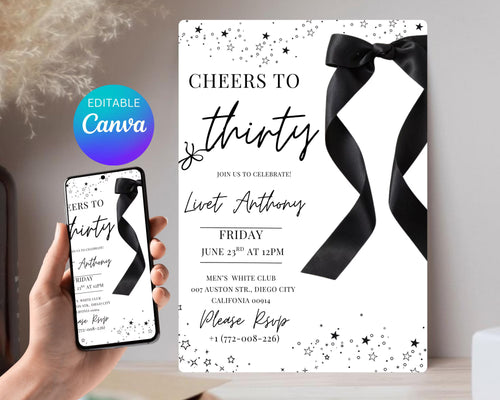 Coquette Black Bow 30th Invitation| Black Bow Birthday Invitation|  Minimalist Black Bow Birthday Invite| Adult Bow Evite| Editable Template