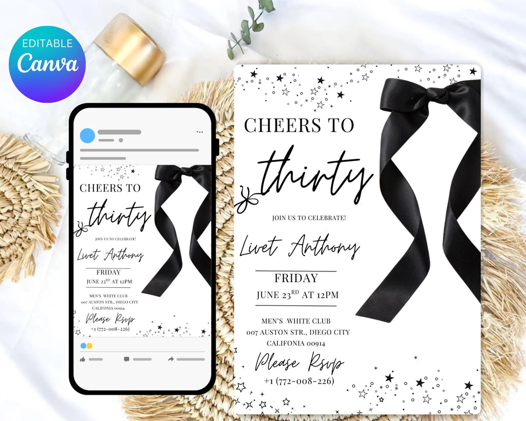 Coquette Black Bow 30th Invitation| Black Bow Birthday Invitation|  Minimalist Black Bow Birthday Invite| Adult Bow Evite| Editable Template