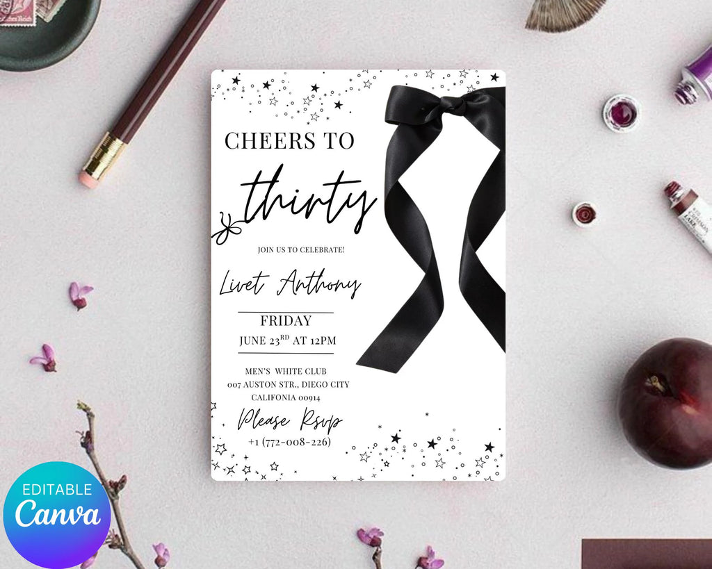 Coquette Black Bow 30th Invitation| Black Bow Birthday Invitation|  Minimalist Black Bow Birthday Invite| Adult Bow Evite| Editable Template