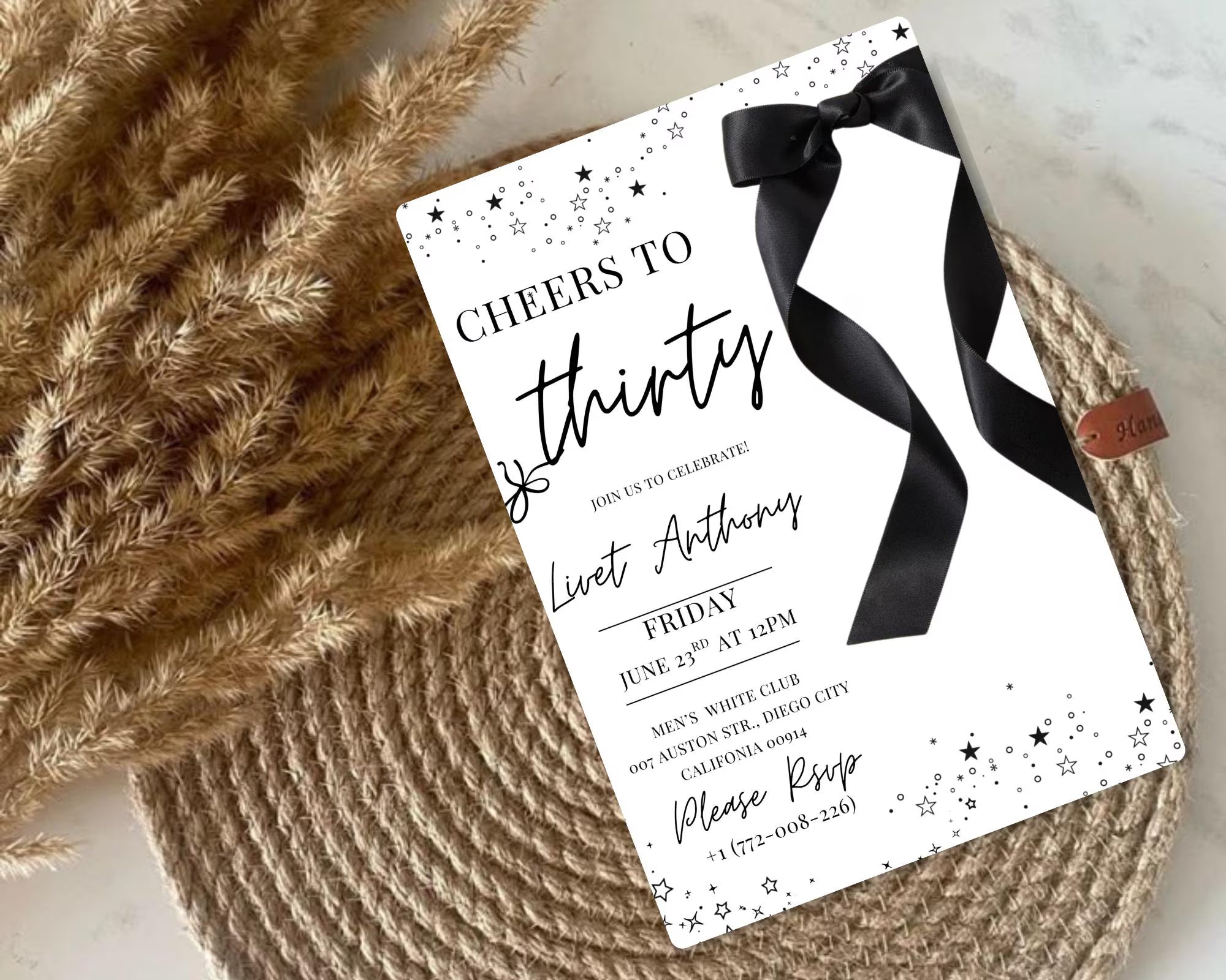Coquette Black Bow 30th Invitation| Black Bow Birthday Invitation|  Minimalist Black Bow Birthday Invite| Adult Bow Evite| Editable Template