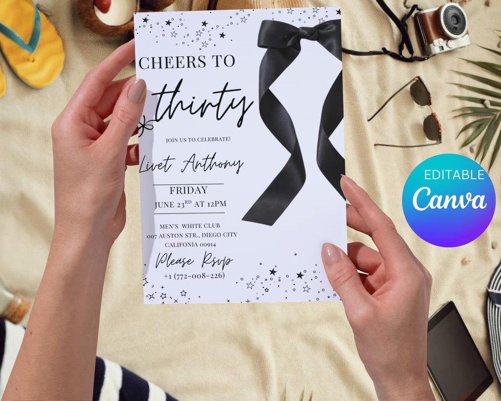 Coquette Black Bow 30th Invitation| Black Bow Birthday Invitation|  Minimalist Black Bow Birthday Invite| Adult Bow Evite| Editable Template