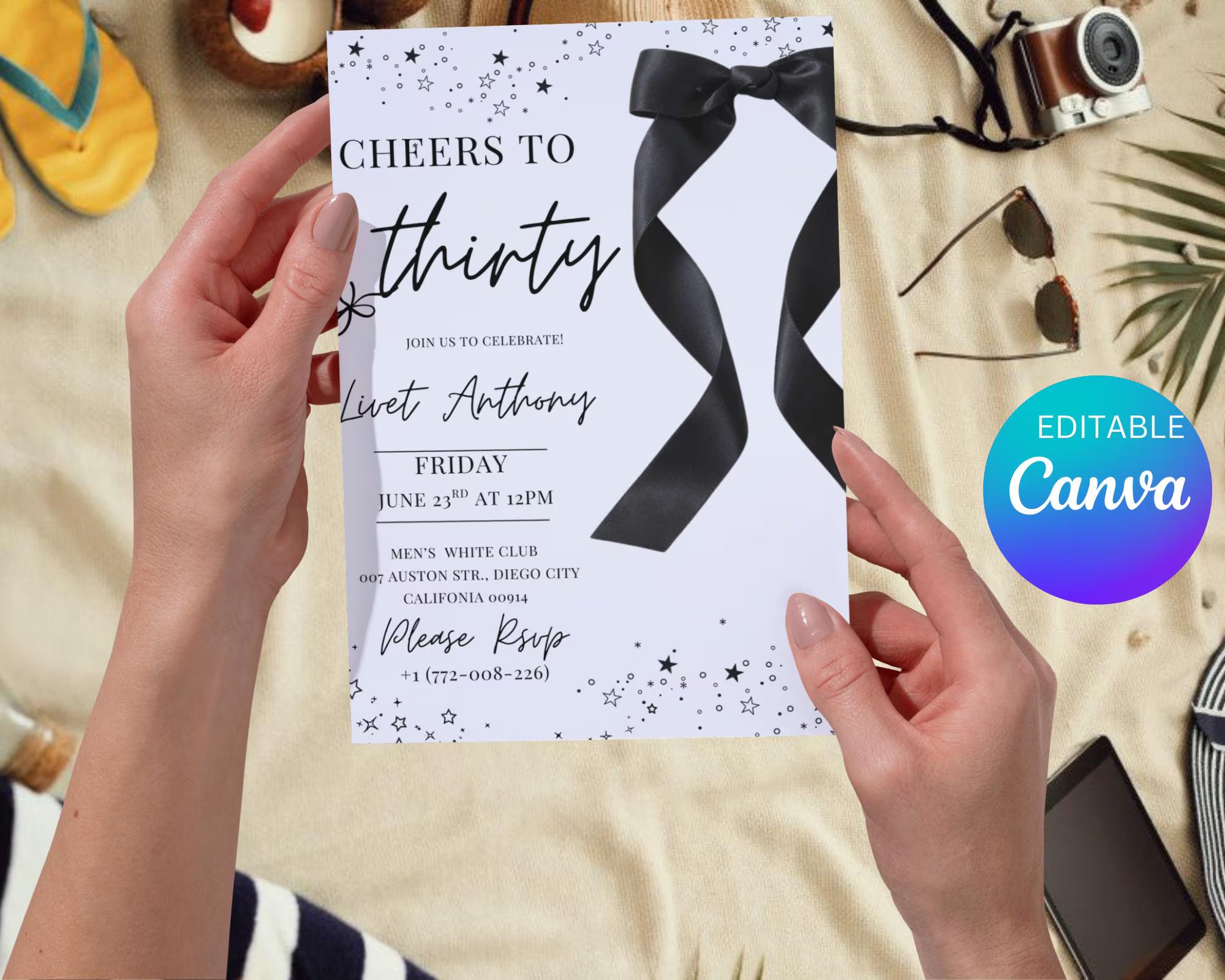 Coquette Black Bow 30th Invitation| Black Bow Birthday Invitation|  Minimalist Black Bow Birthday Invite| Adult Bow Evite| Editable Template