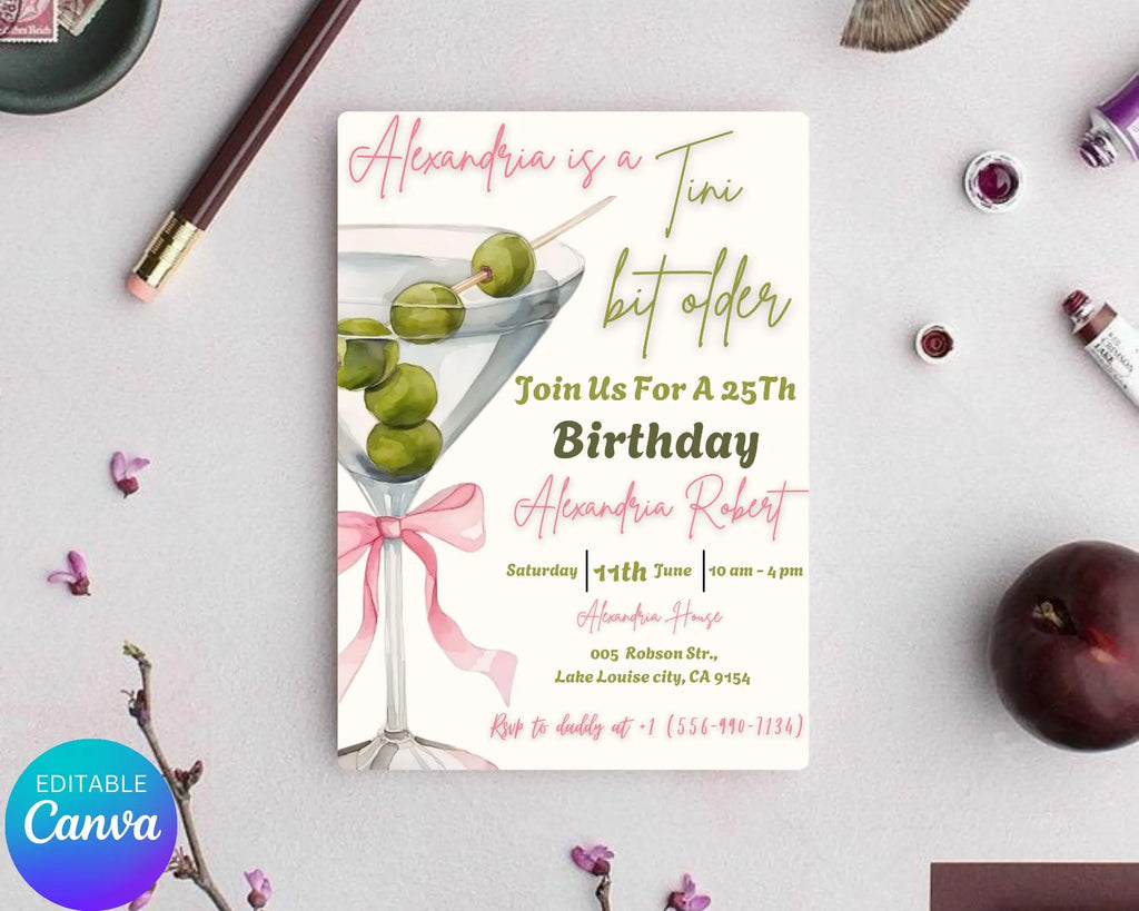 A Tini Bit Older Birthday Party Invitation| Coquette Dirty Thirty| EDITABLE Pink Bow Martini Themed Birthday Tini Invite| Editable Template