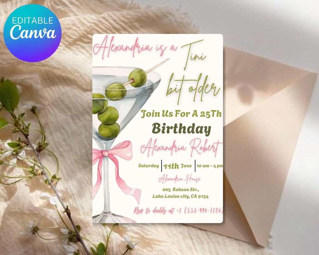 A Tini Bit Older Birthday Party Invitation| Coquette Dirty Thirty| EDITABLE Pink Bow Martini Themed Birthday Tini Invite| Editable Template